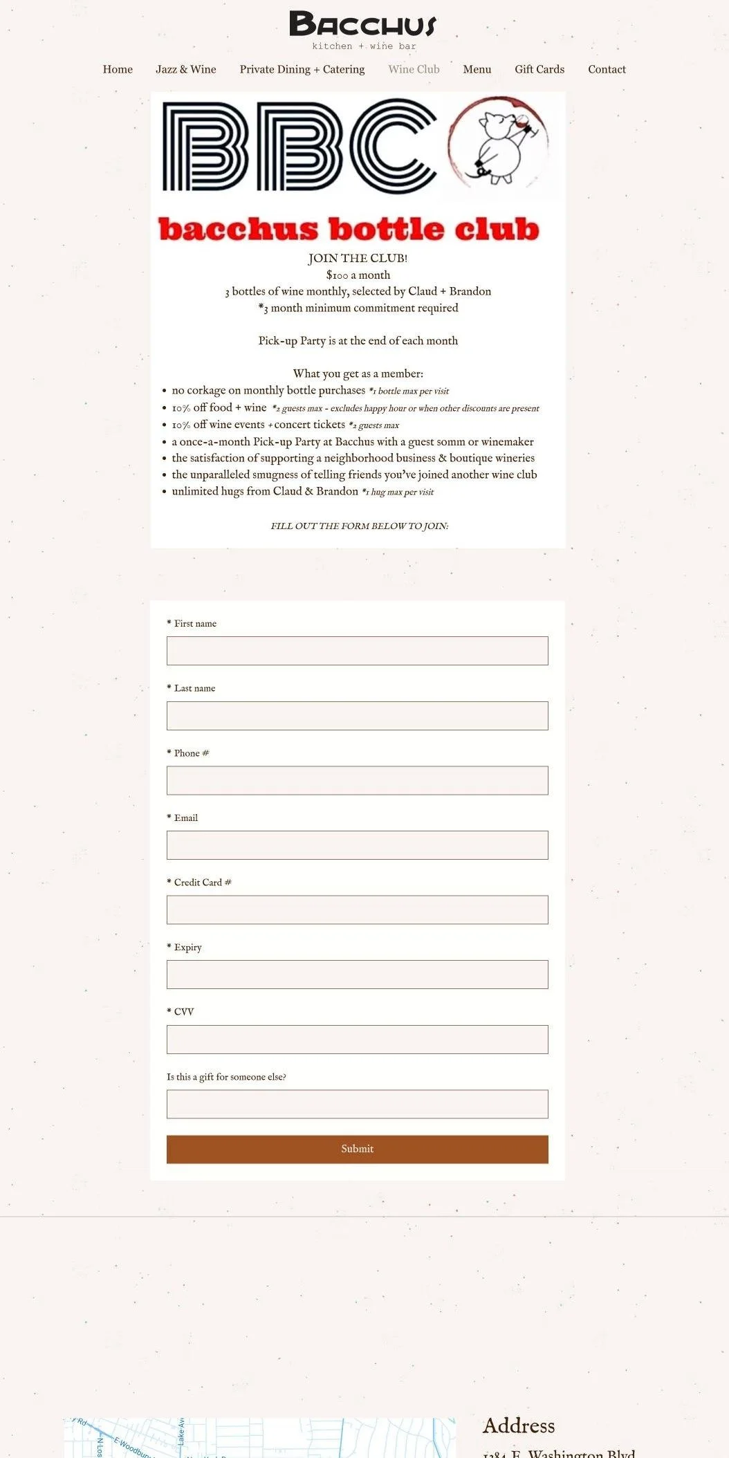 Bacchus Kitchen + Wine Bar wine club page before the redesign, with a sign up form on the old Wix site