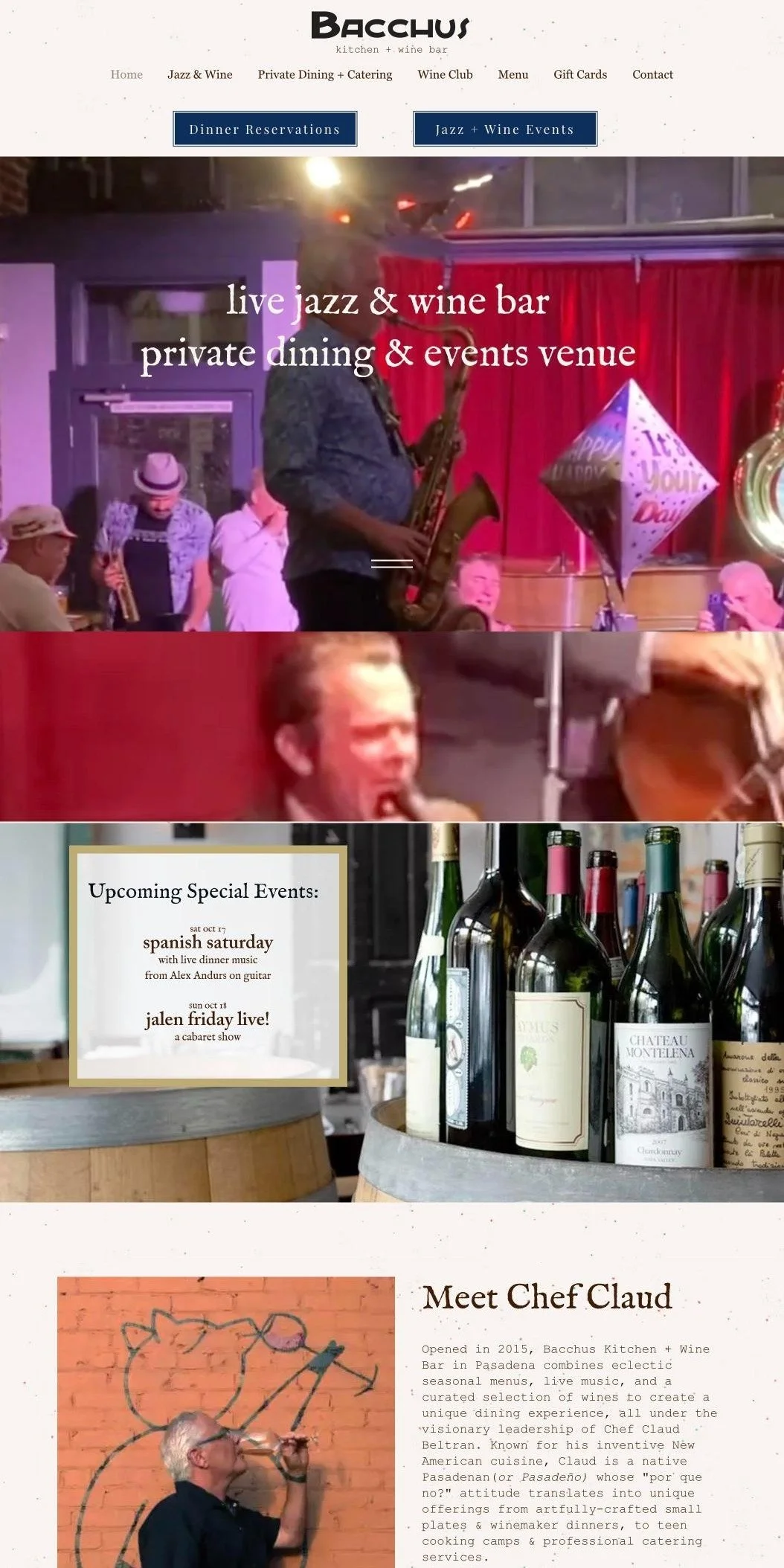 Bacchus Kitchen + Wine Bar home page before the redesign, on the old Wix site