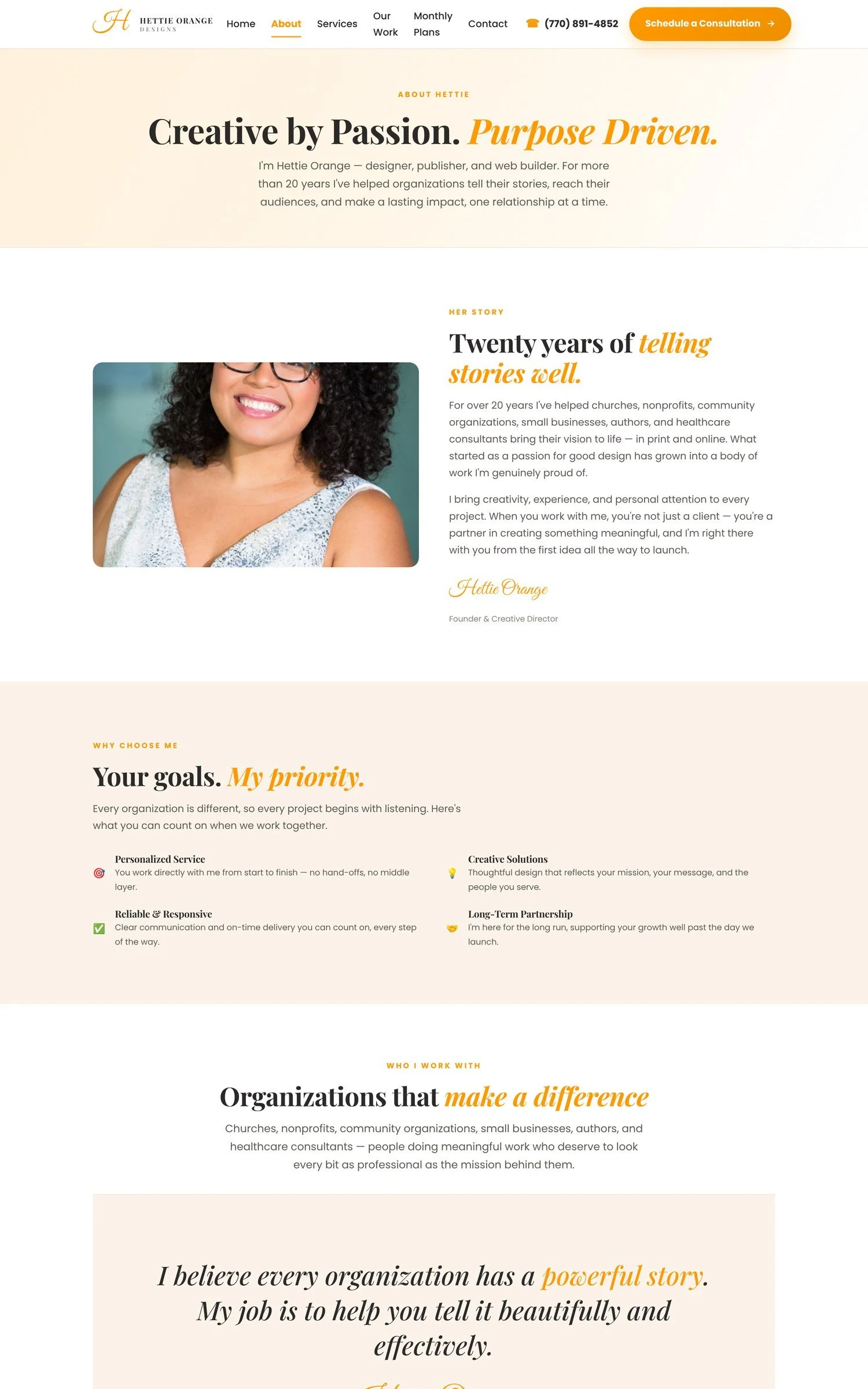 Hettie Orange Designs about page, part of a new website built by Davis Digital Studio
