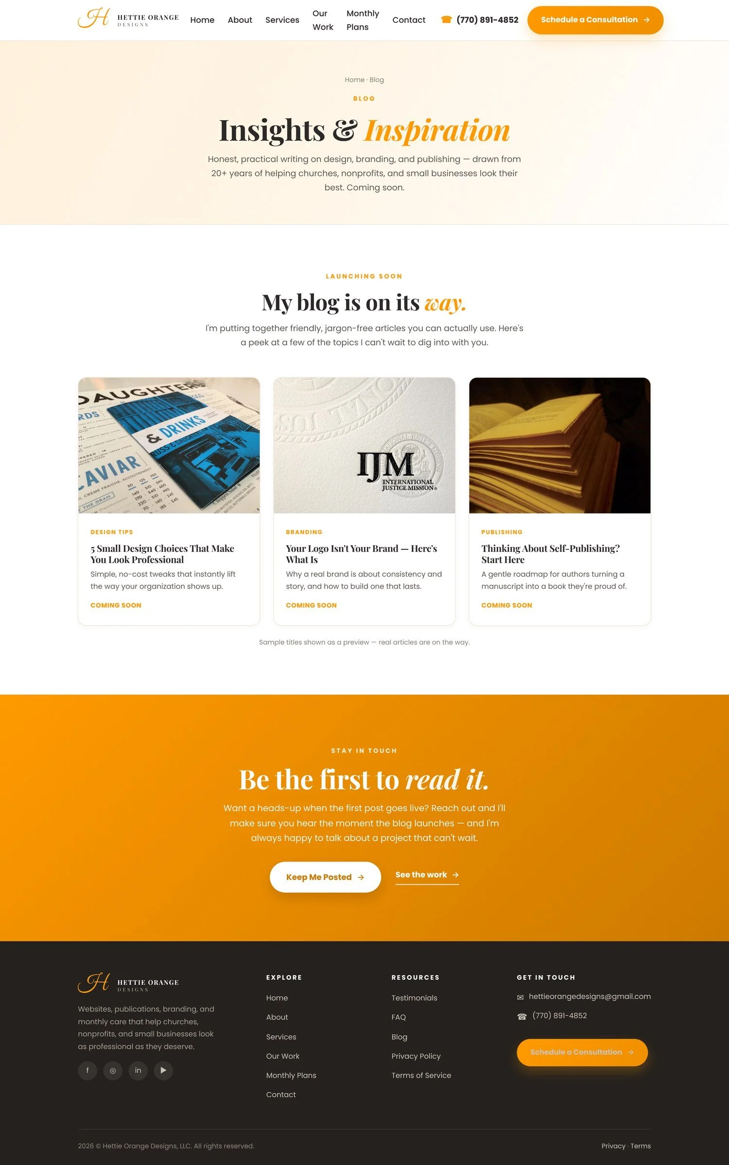 Hettie Orange Designs blog page, part of a new website built by Davis Digital Studio