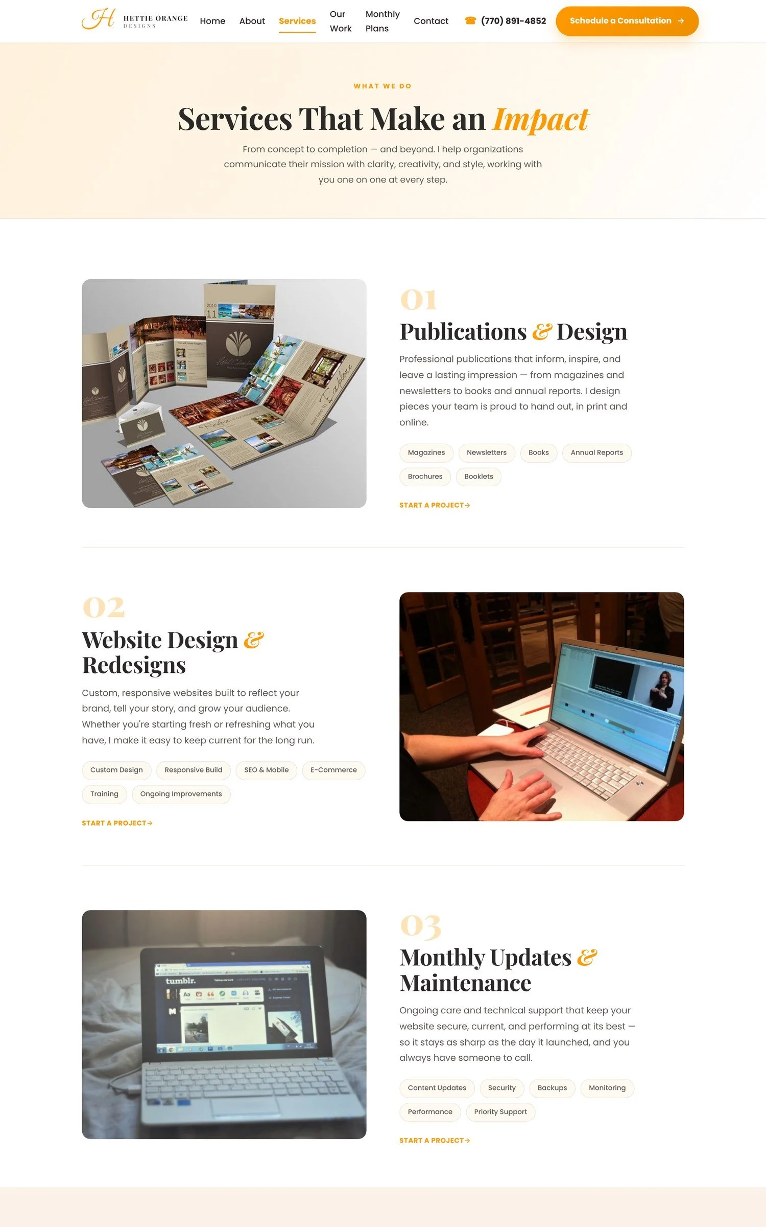 Hettie Orange Designs services page, part of a new website built by Davis Digital Studio
