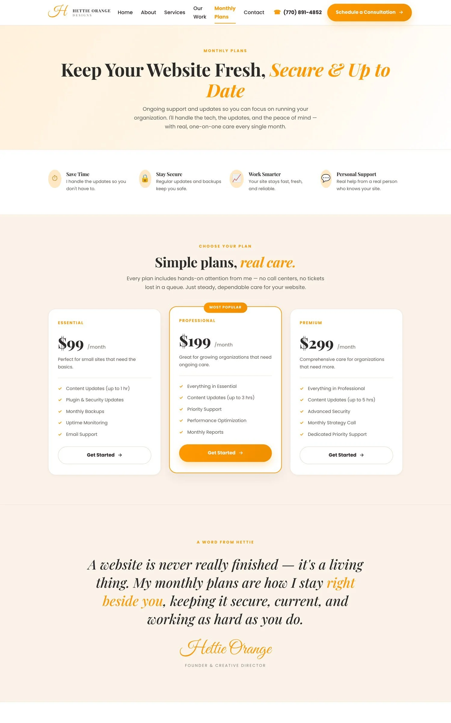 Hettie Orange Designs monthly website plans page, part of a new website built by Davis Digital Studio