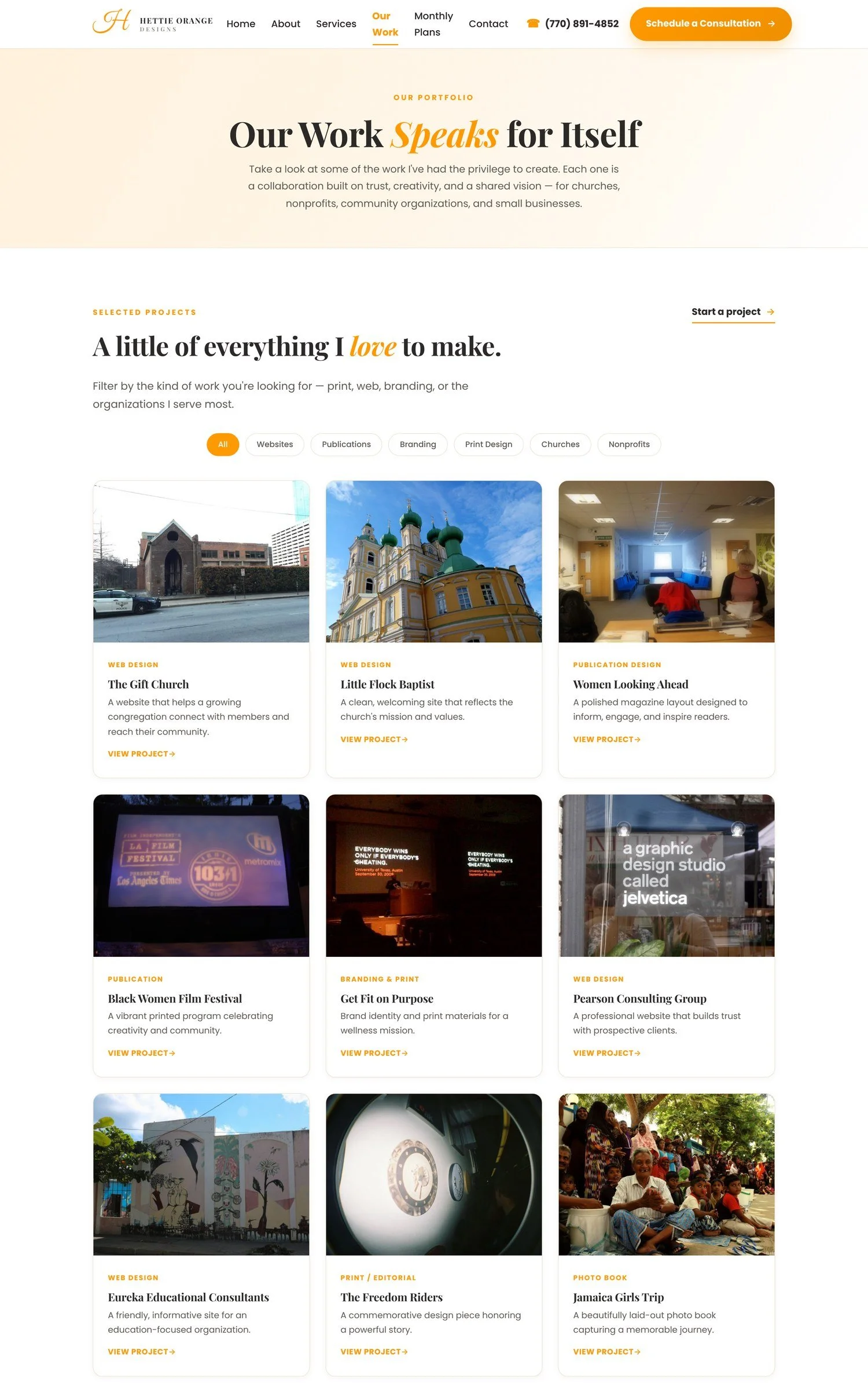 Hettie Orange Designs Our Work portfolio page, part of a new website built by Davis Digital Studio