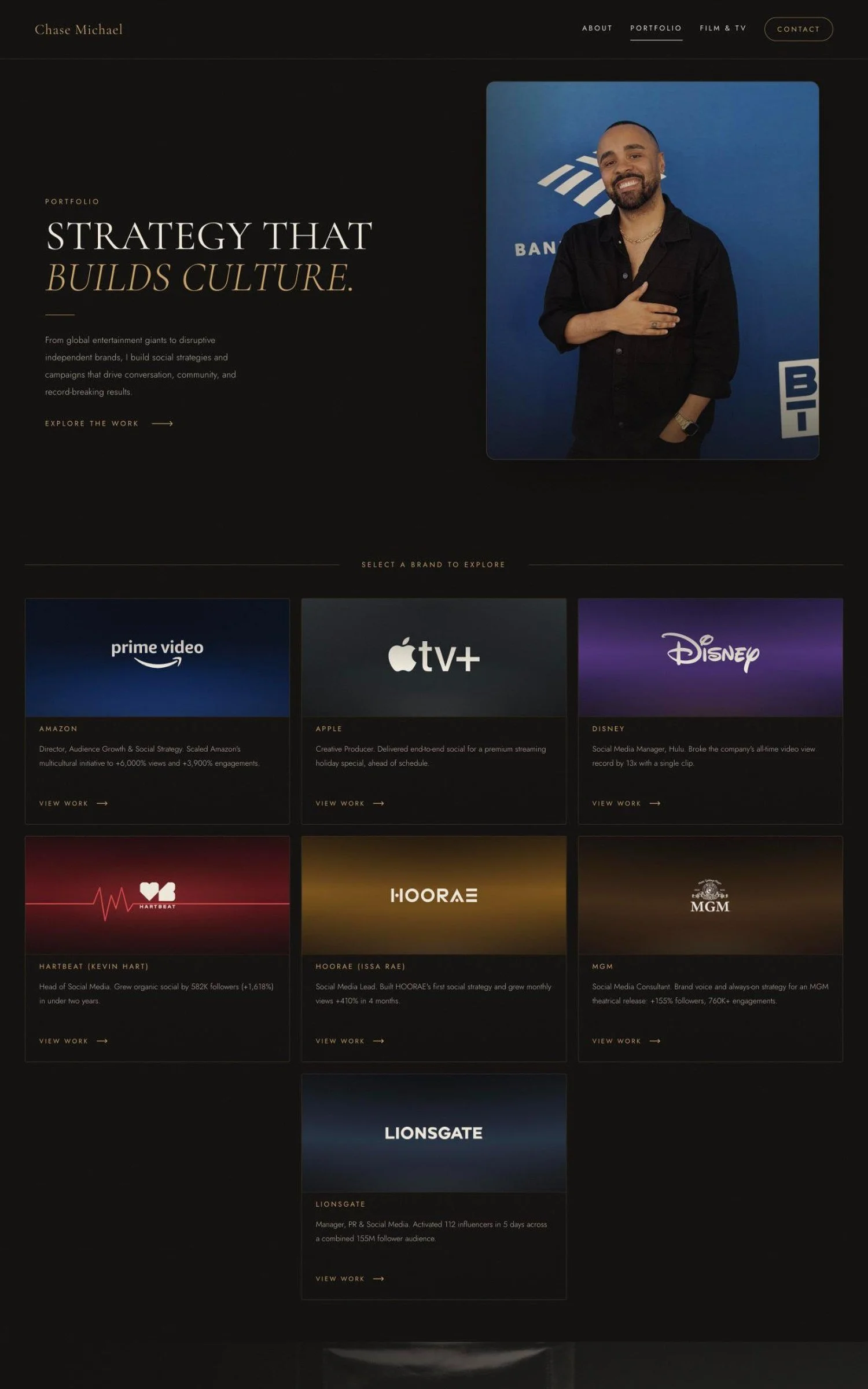 Chase Michael portfolio page with brand work, part of a new website built by Davis Digital Studio