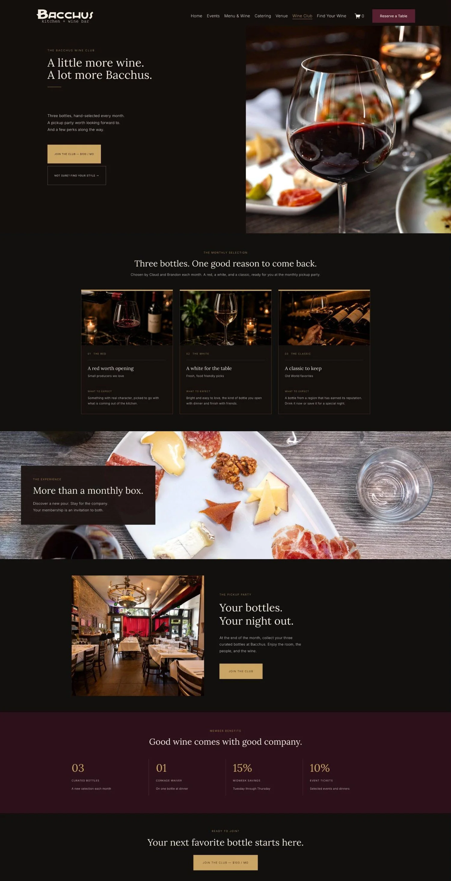 Bacchus Kitchen + Wine Bar wine club page after the redesign, with monthly bottles and member perks