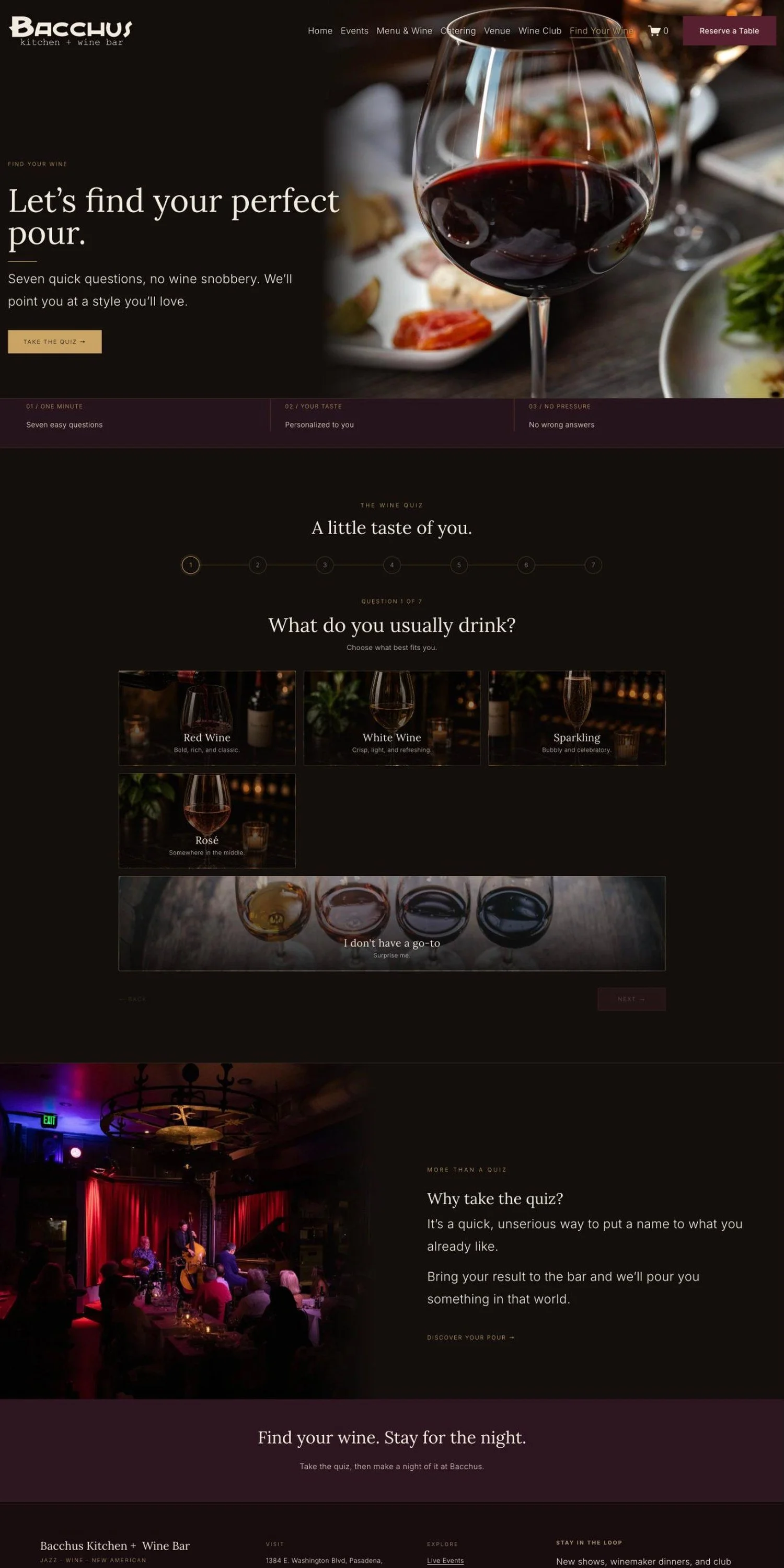 Bacchus Kitchen + Wine Bar Find Your Wine quiz page, asking what kind of wine you usually drink