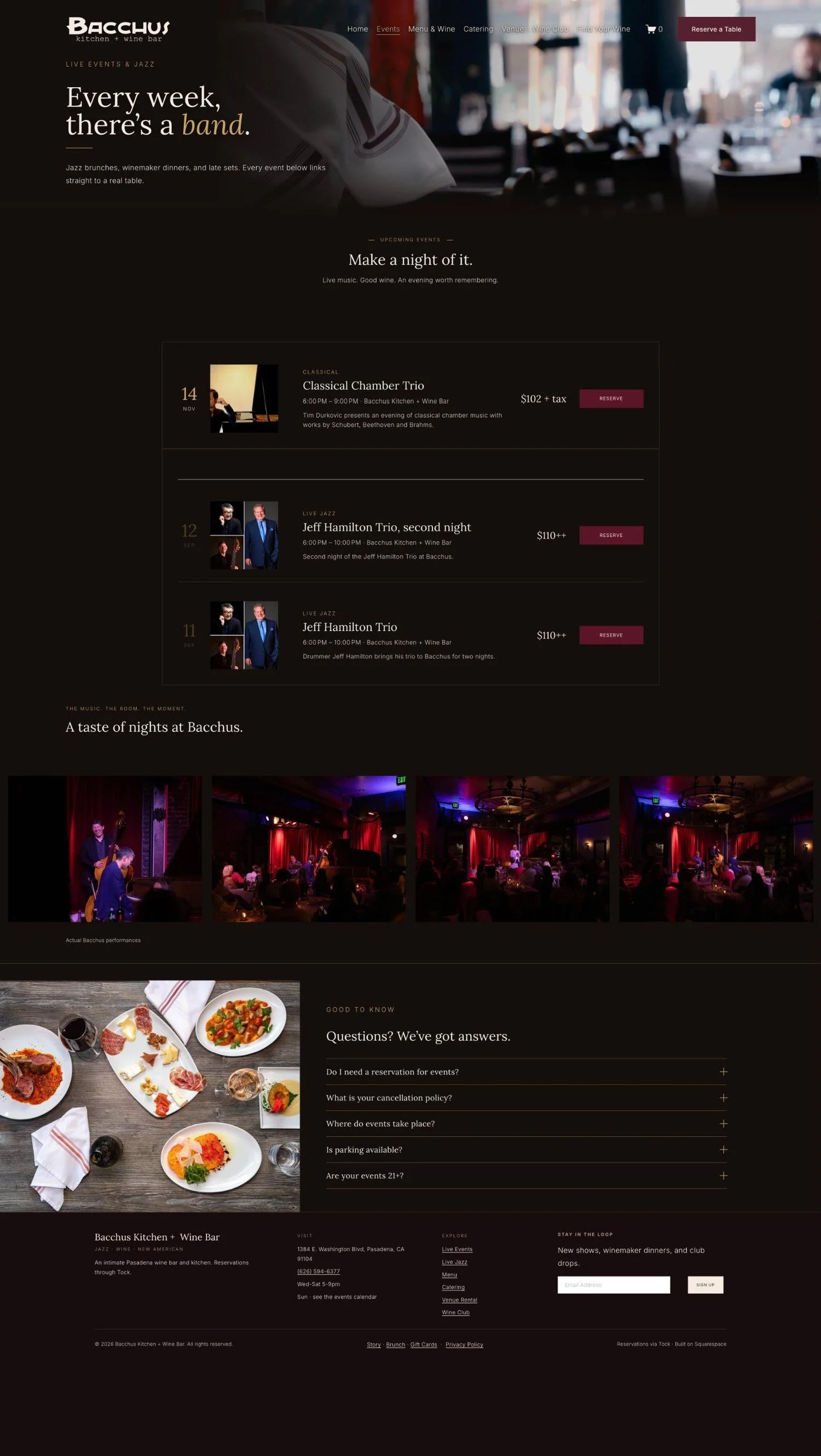 Bacchus Kitchen + Wine Bar live events page listing upcoming shows with reserve buttons