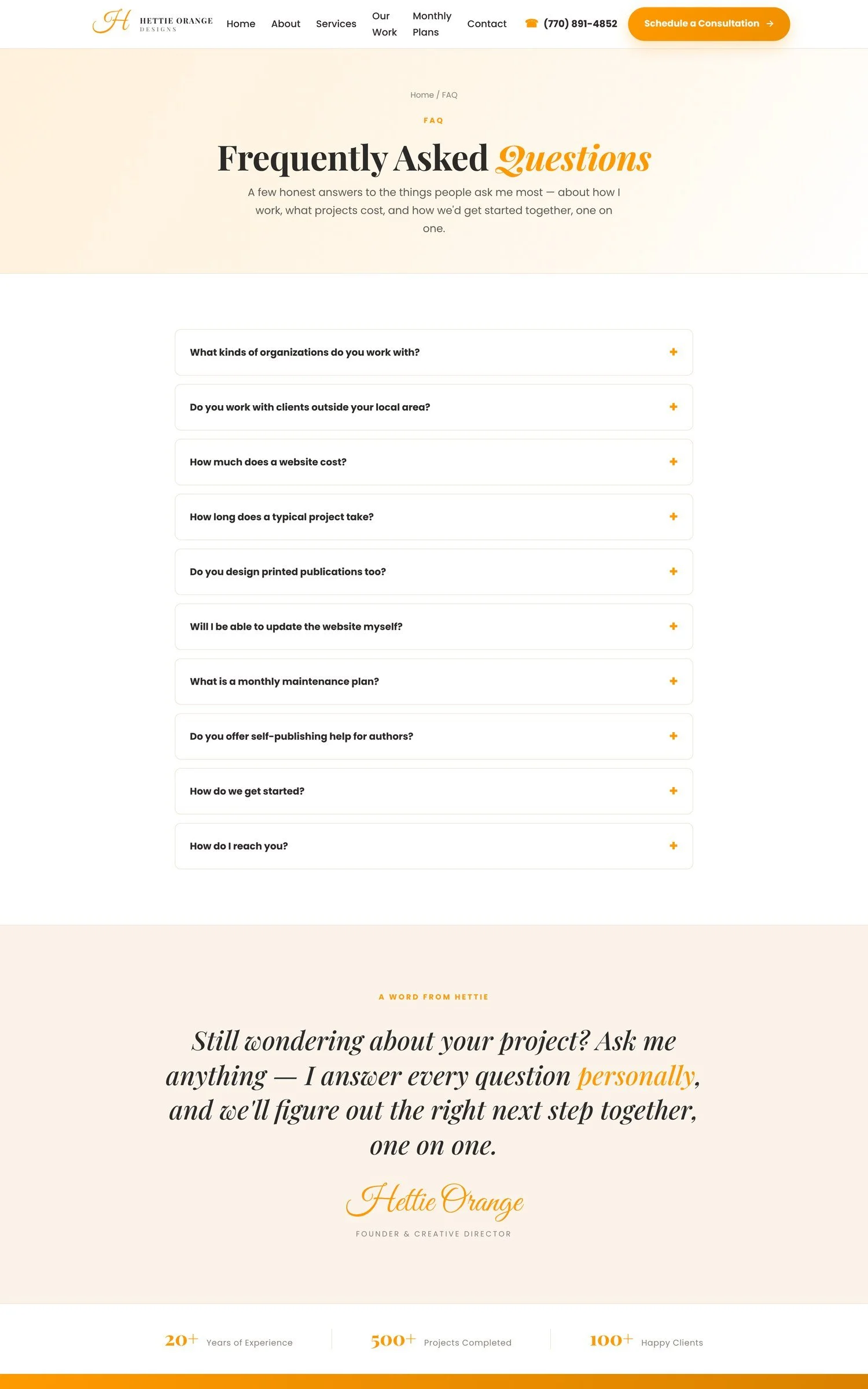 Hettie Orange Designs FAQ page, part of a new website built by Davis Digital Studio
