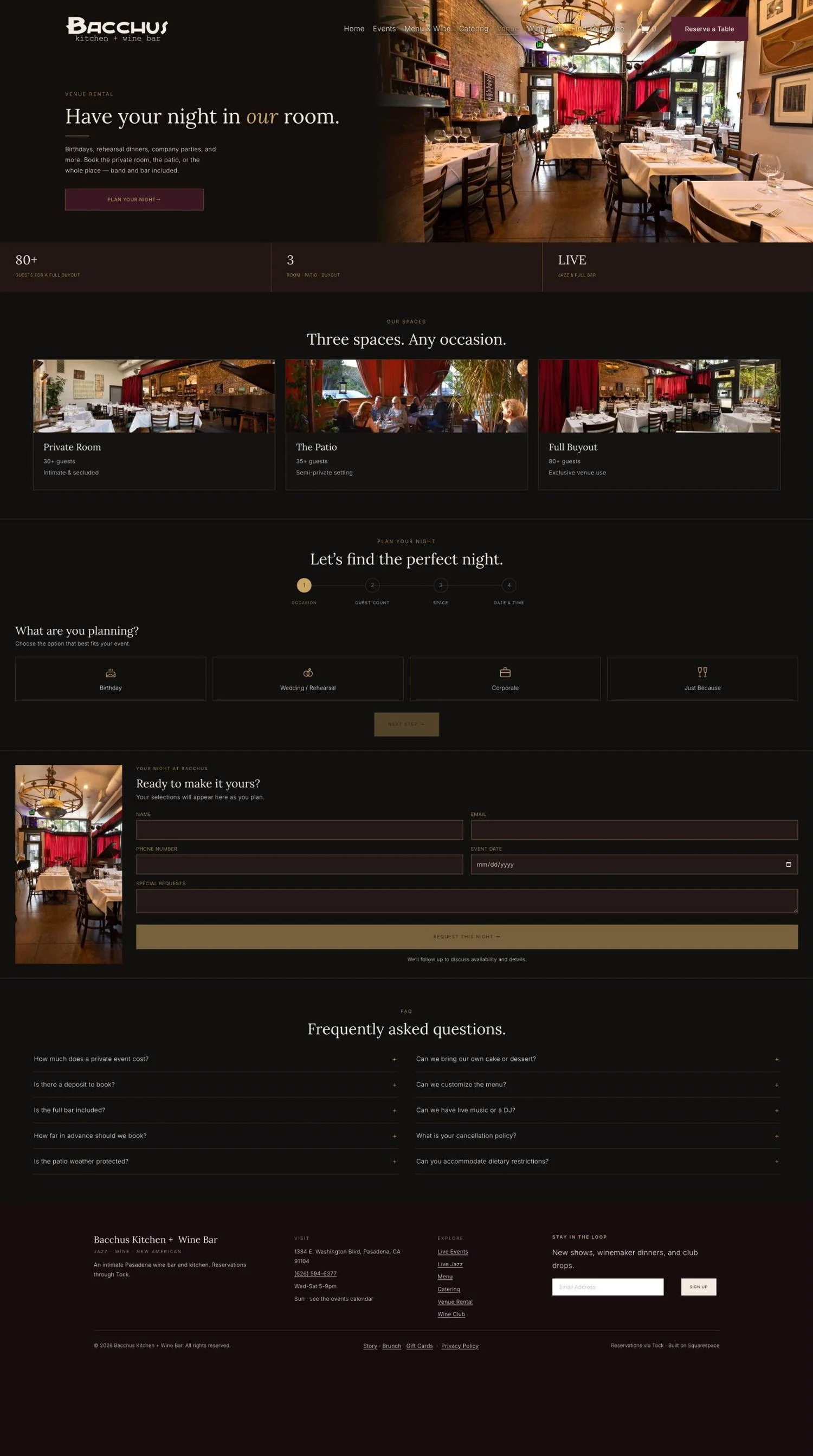 Bacchus Kitchen + Wine Bar venue rental page with three spaces and an event request form
