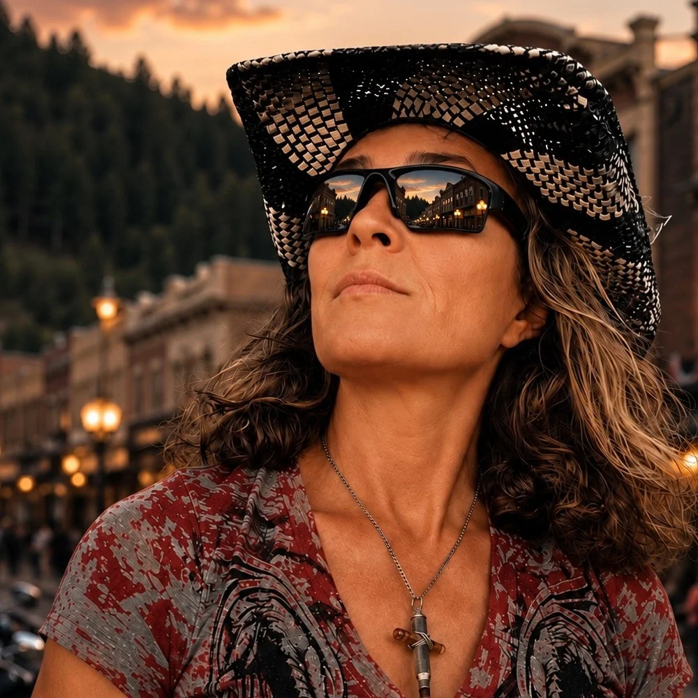Dr. Jenn Stankus at sunset in Deadwood, South Dakota, after a Harley ride at Sturgis.