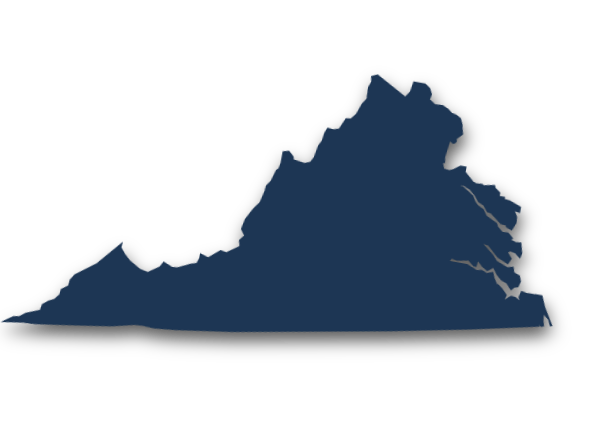 Silhouette map of the state of Virginia in the United States, colored in dark blue.