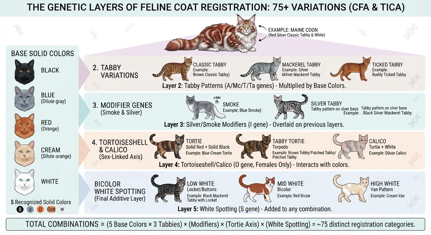 Infographic explaining CFA and TICA feline coat registration genetics, including five base colors, tabby patterns, smoke and silver modifiers, tortoiseshell and calico, and white spotting, with Maine Coon example.