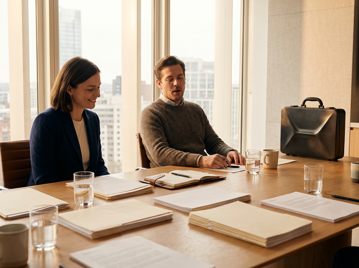 Business meeting with two professionals reviewing documents at a conference table beside city-view windows