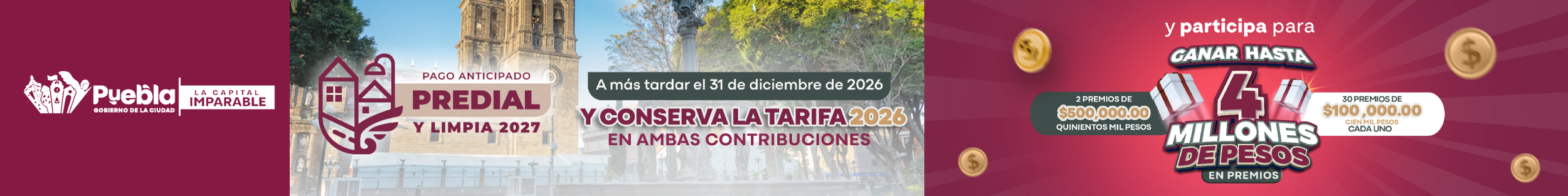Imagen promocional de un sorteo en la ciudad de Puebla, México, con fondos de un monumento histórico, fondos de árboles y logos de gobierno y sorteo, con textos que mencionan premios, contribuciones y fechas límite.