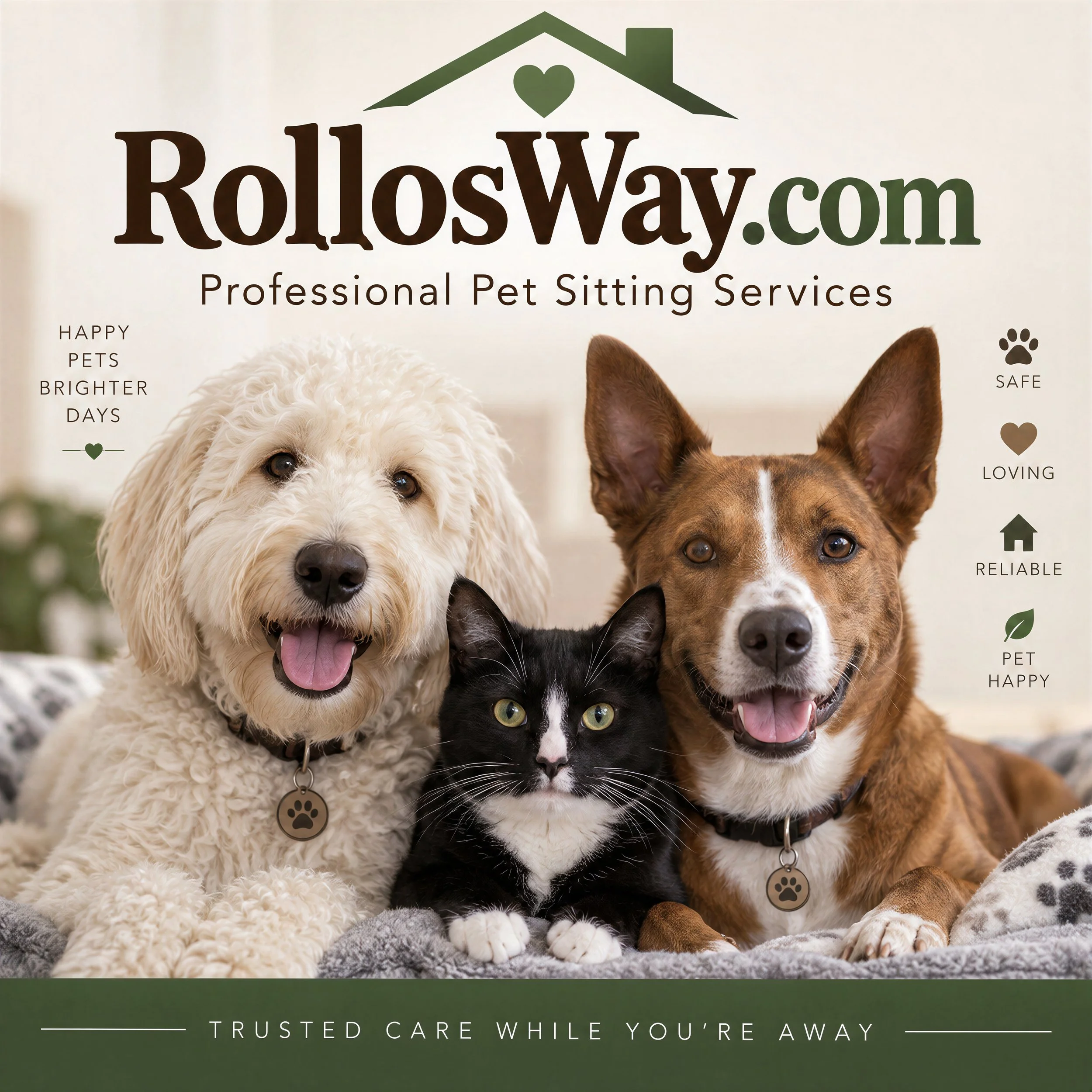 RollosWay.com professional pet sitting services logo with a curly white dog, black-and-white cat, and brown dog, promoting trusted pet care while you’re away.