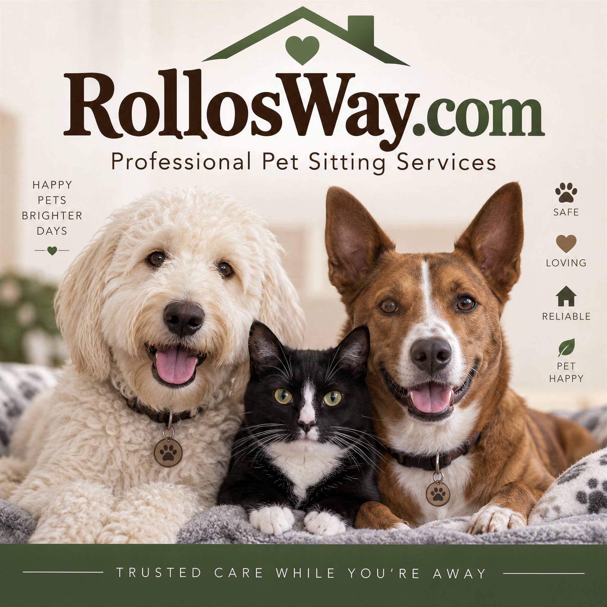 Rollosway.com professional pet sitting services banner featuring a fluffy white dog, black-and-white cat, and brown dog with the tagline “Trusted care while you’re away.”