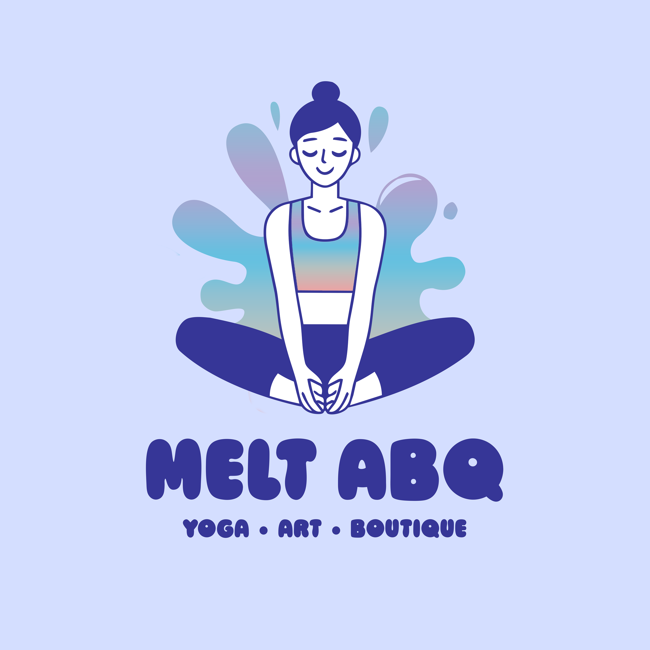A digital illustration featuring a woman with hair tied in a bun, sitting cross-legged in a yoga pose with her hands in a prayer position. The background includes abstract, watercolor-style shapes in lavender and teal.