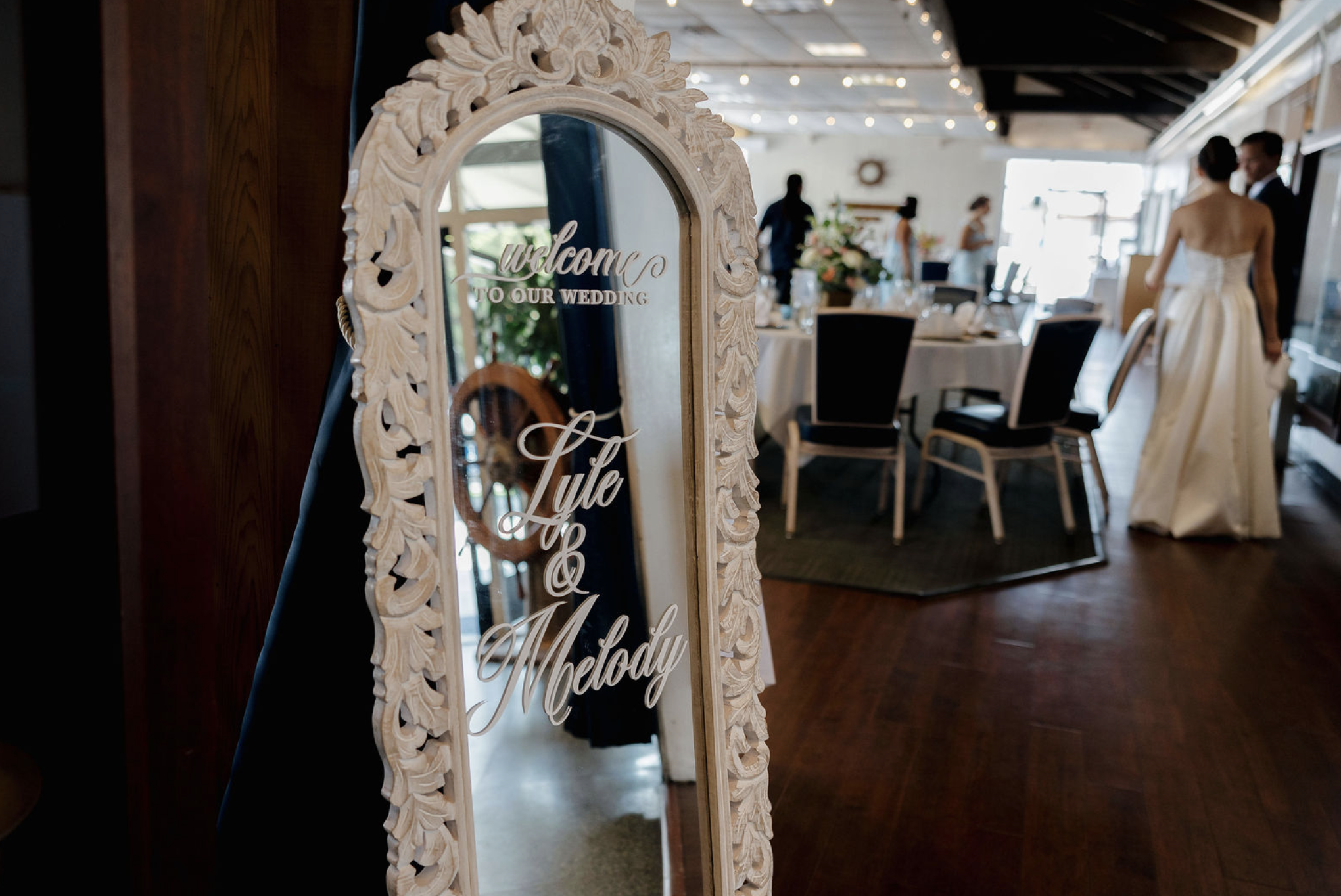 Vinyl vintage mirror welcome sign at Mission Bay Yacht Club. 
