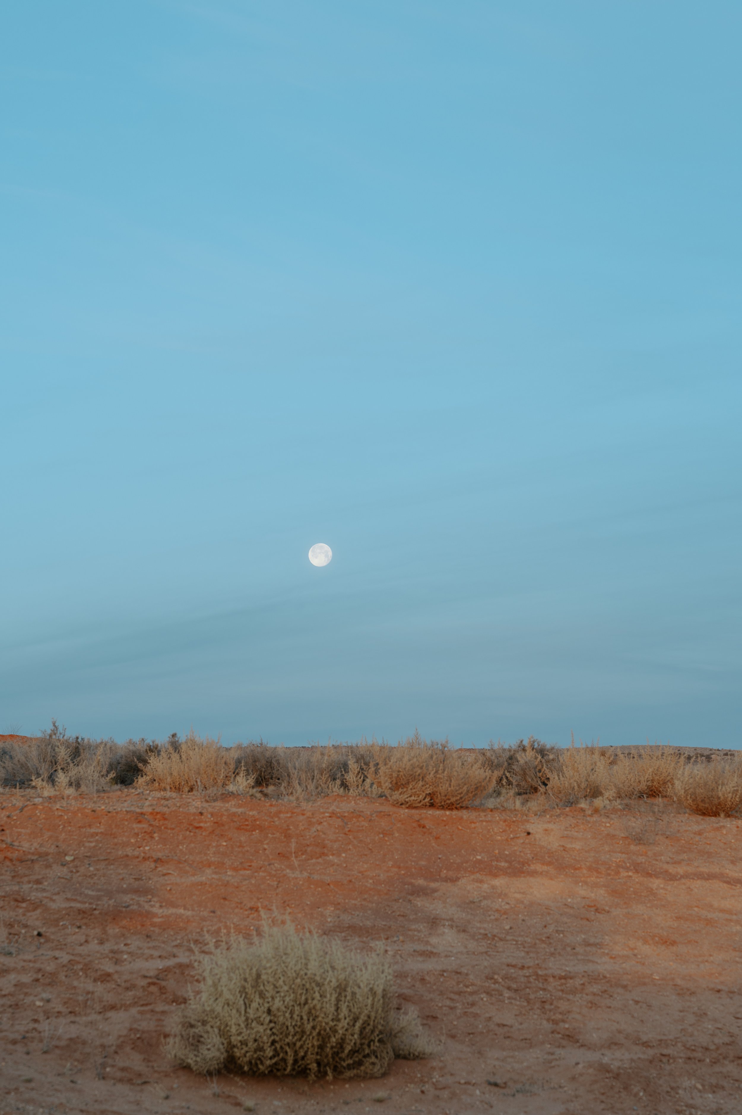 Full moon rising over a red desert landscape at dusk.