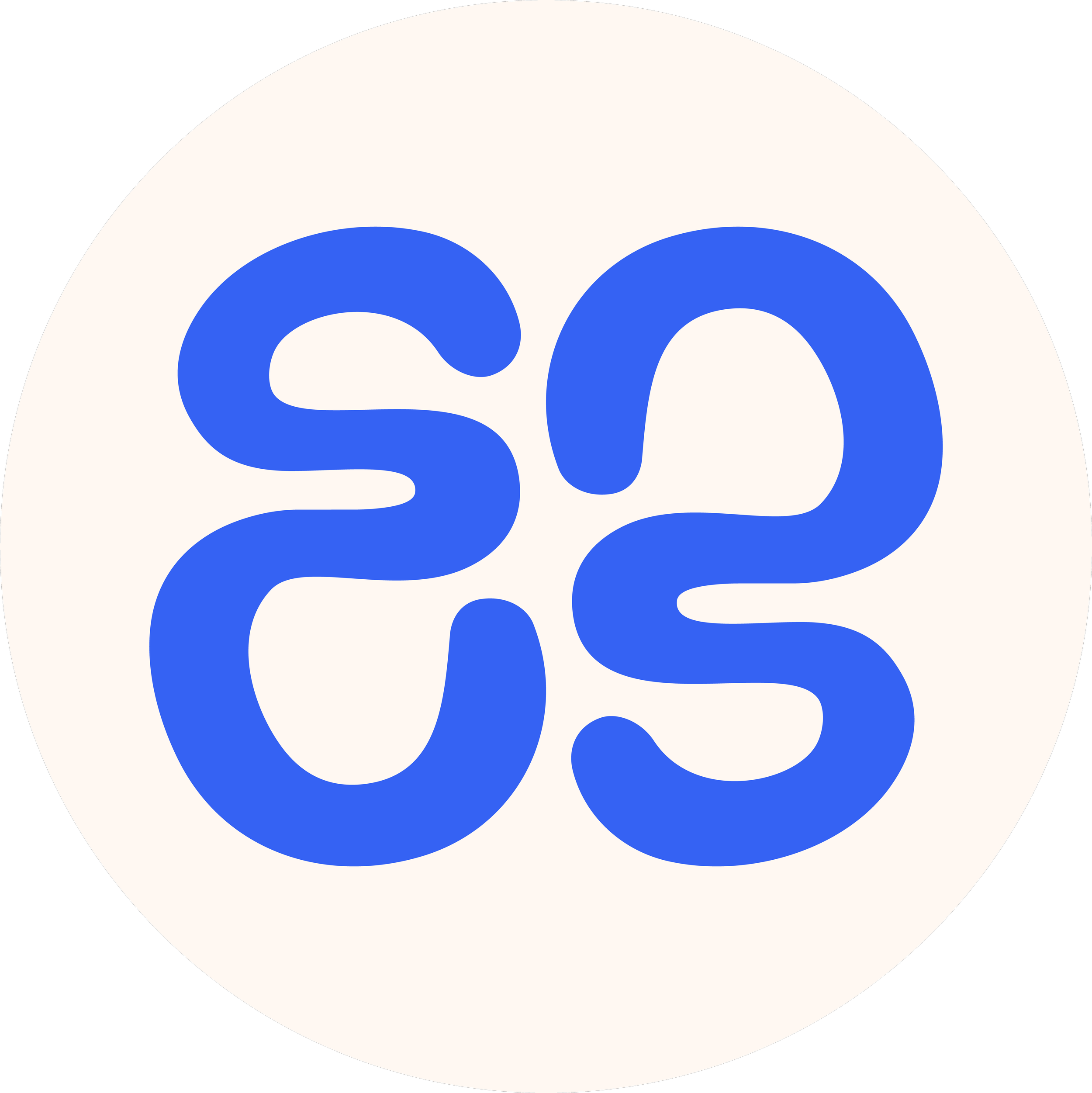 Blue abstract interlocking loop logo on a cream circular background