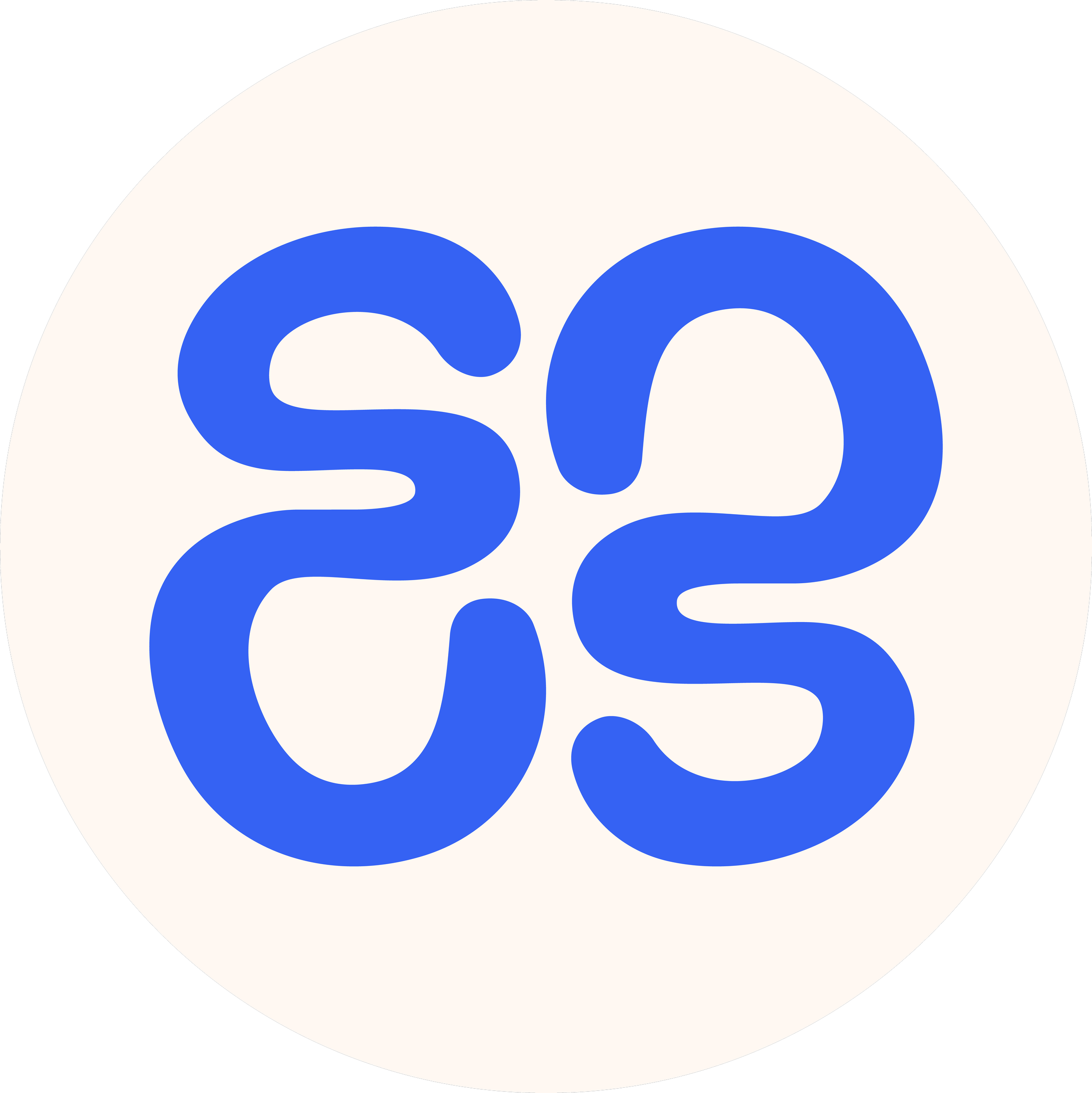 Blue abstract interlocking loop symbol centered on a cream circular background