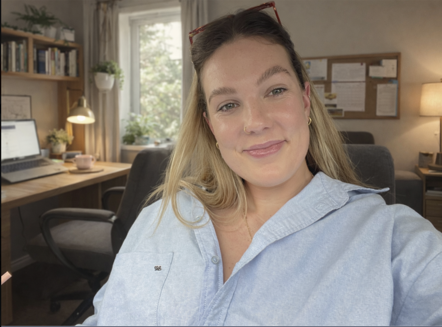 Smiling woman taking a selfie in a home office with a laptop, bookshelves, plants, and a bulletin board.
