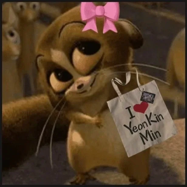 Cute stylized brown cat character wearing a pink bow and holding a sign reading “I love YeonMi-Nin.”