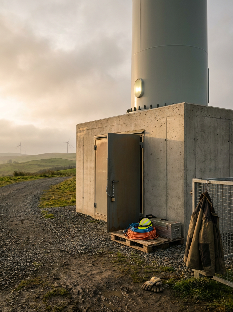 Close-up of a utility or communication tower base with equipment and cables, and wind turbines visible on the horizon.