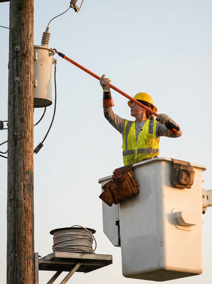 A worker in a yellow hard hat and reflective safety vest using a pole to work on power lines from an elevated bucket platform.