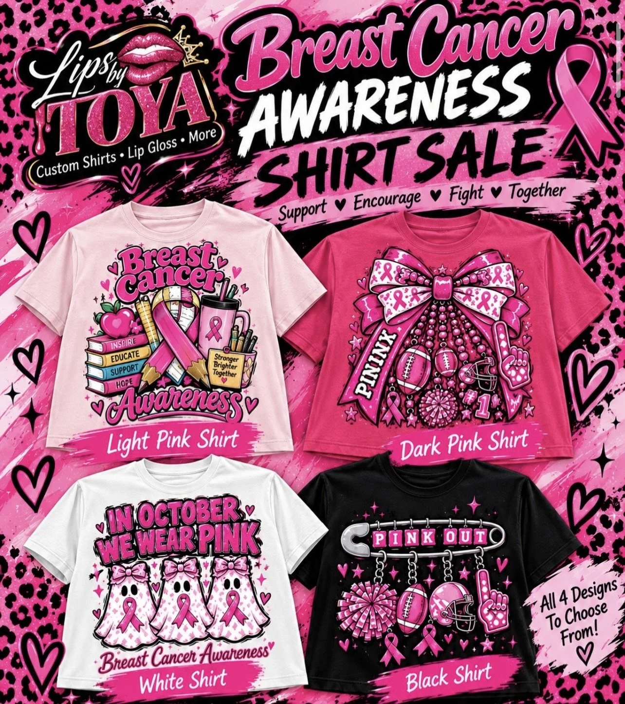 Breast cancer awareness shirt sale featuring four pink-themed T-shirt designs in light pink, dark pink, white, and black.