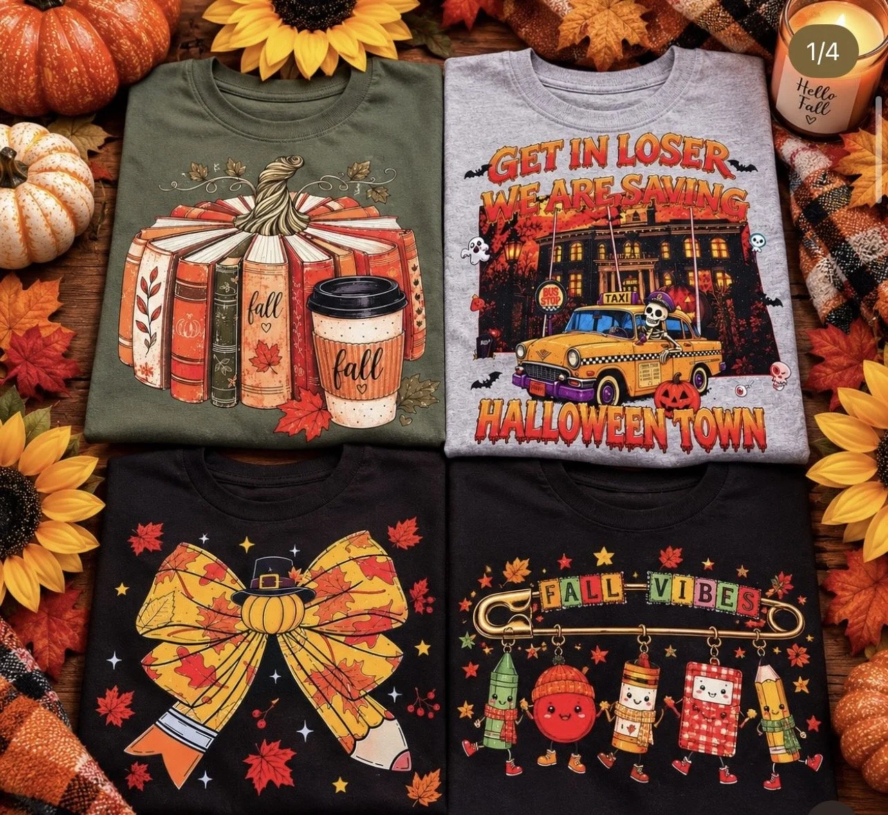 Four fall-themed graphic T-shirts surrounded by pumpkins, sunflowers, autumn leaves, and a candle.