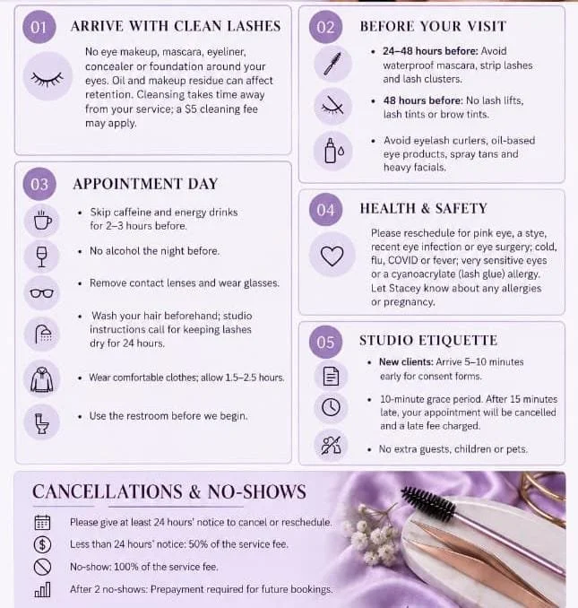 Eyelash extension studio policy infographic covering pre-appointment preparation, appointment-day instructions, health and safety, studio etiquette, and cancellation fees.