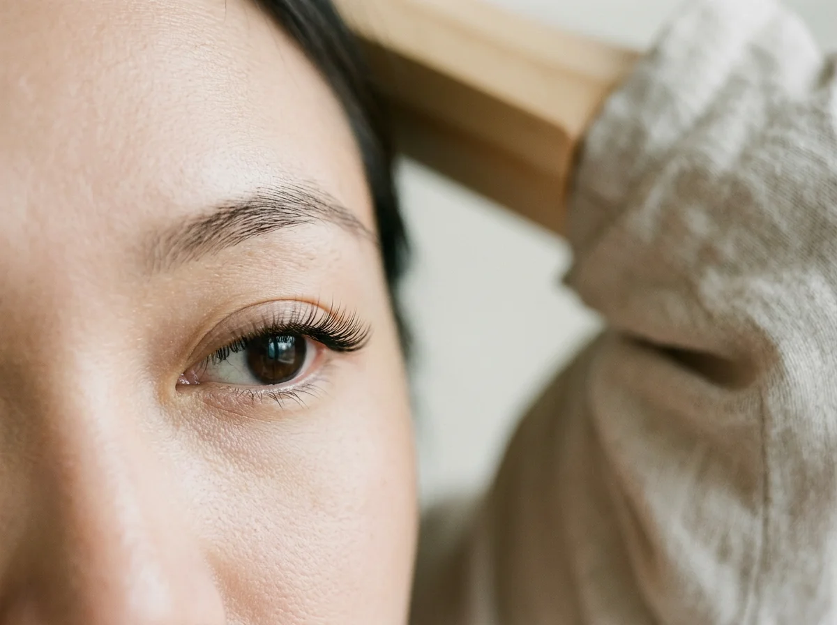 Close-up of a person’s brown eye with long eyelashes resting beside a gray pillow