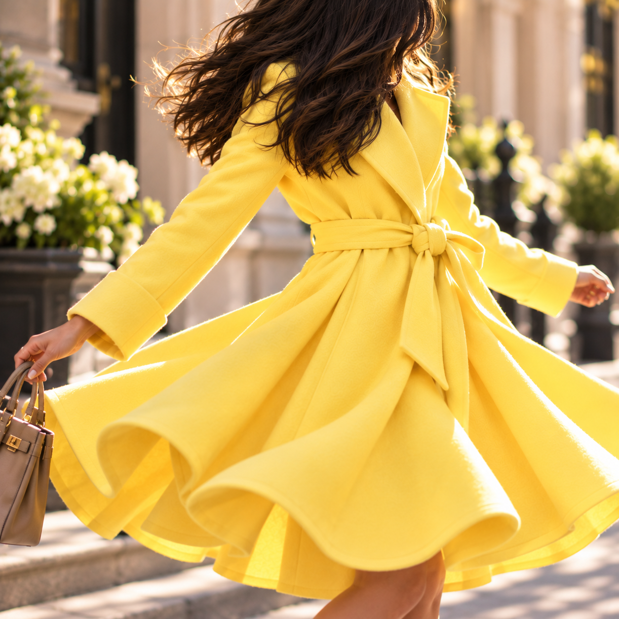 Woman in a flowing yellow belted coat holding a handbag on a sunlit city street