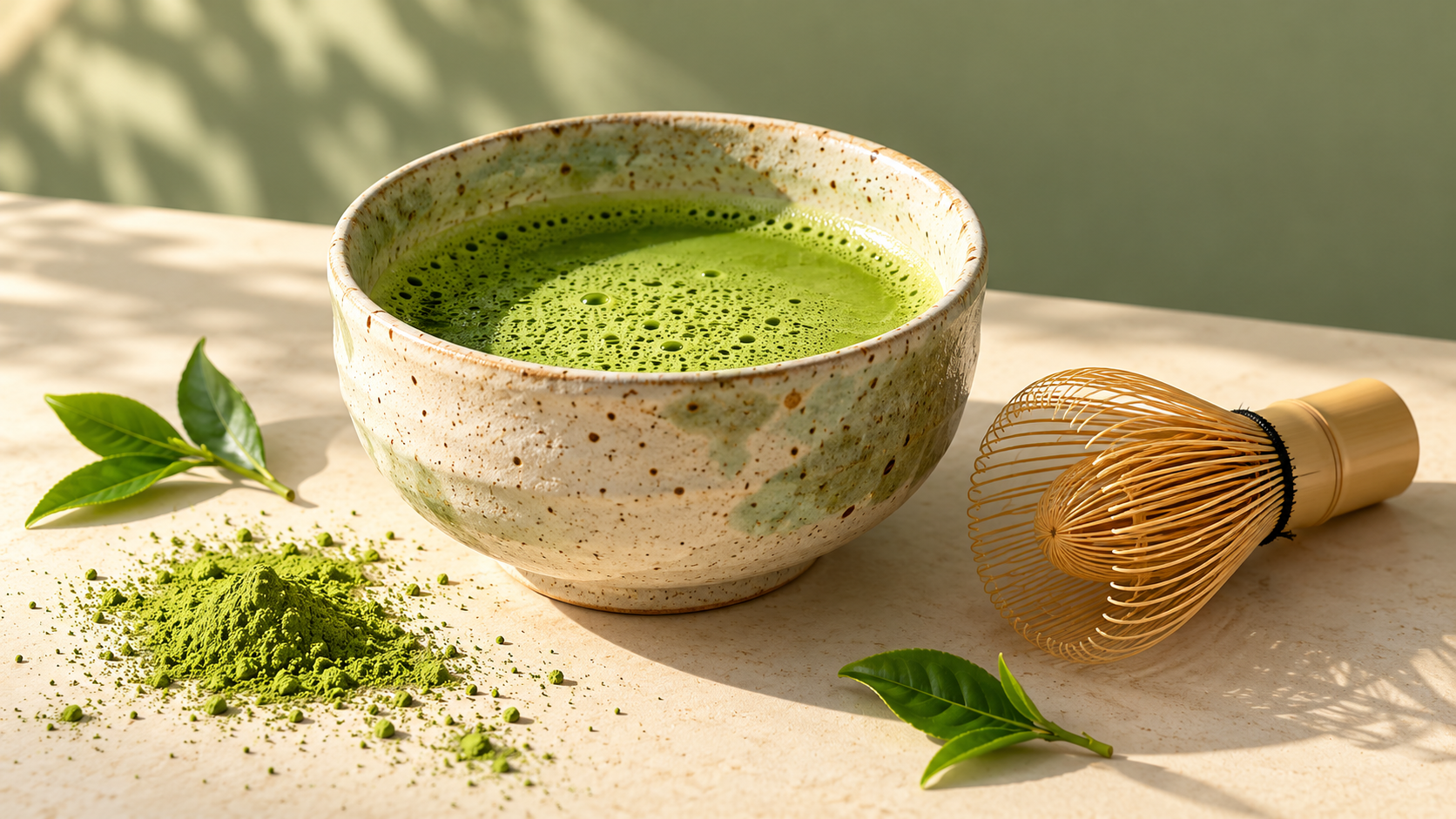 A ceramic bowl of matcha with a bamboo whisk in warm sunlight