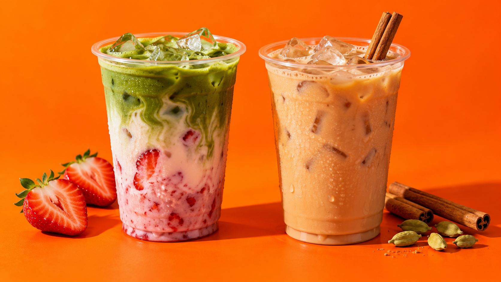Strawberry iced matcha and iced chai with strawberries and spices on orange