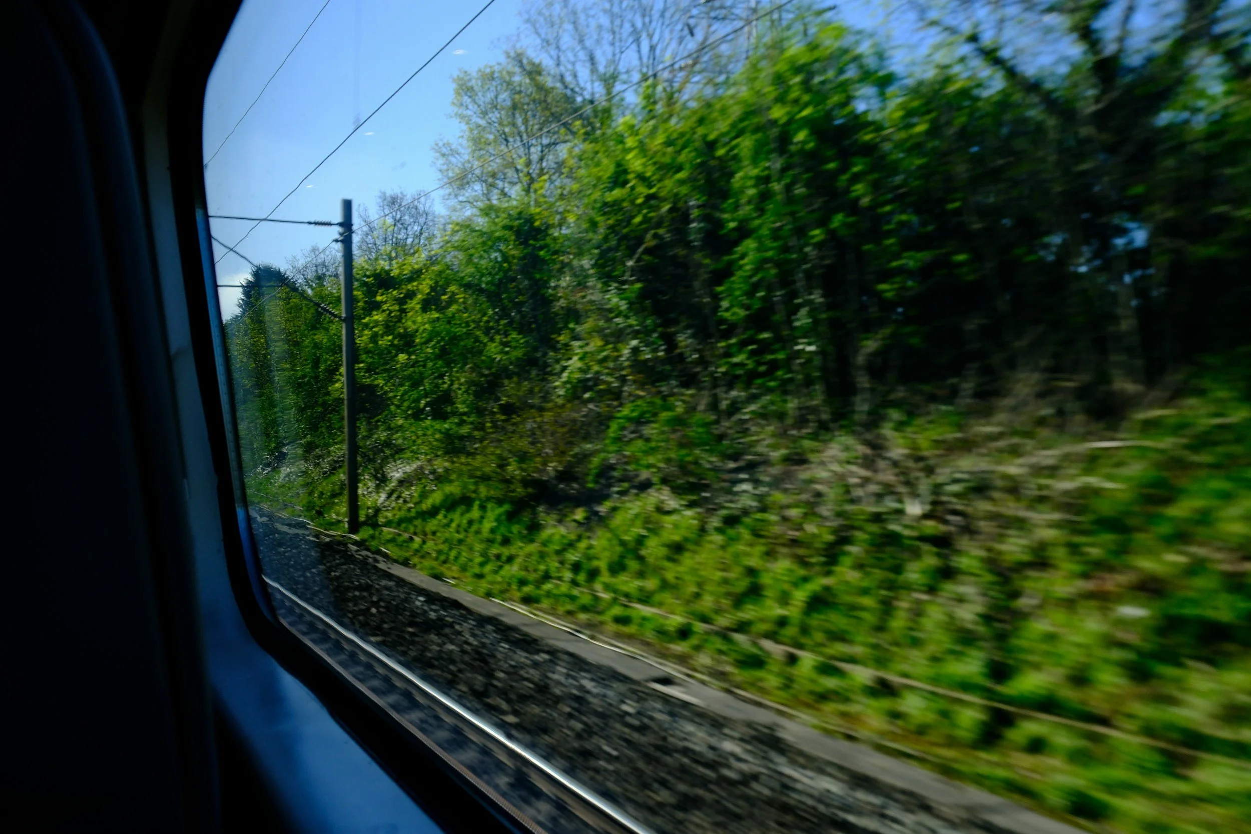 Green countryside rushing past a train window beside the tracks