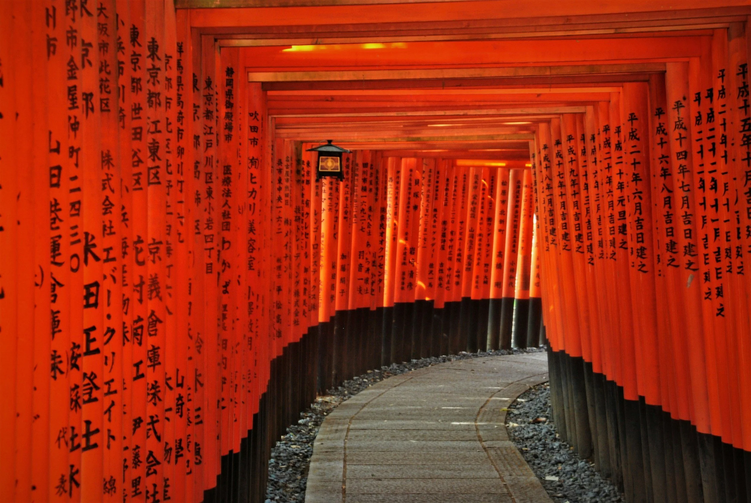 A stone path through a tunnel of vermilion torii gates with black inscriptions