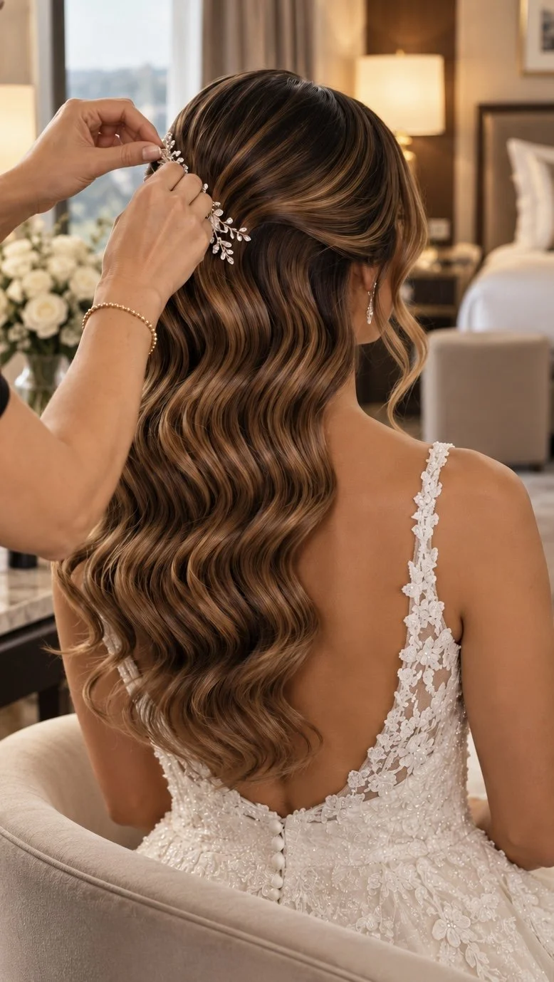 Bride having a jeweled hair accessory placed in her long, wavy brown hair while wearing a white lace wedding dress