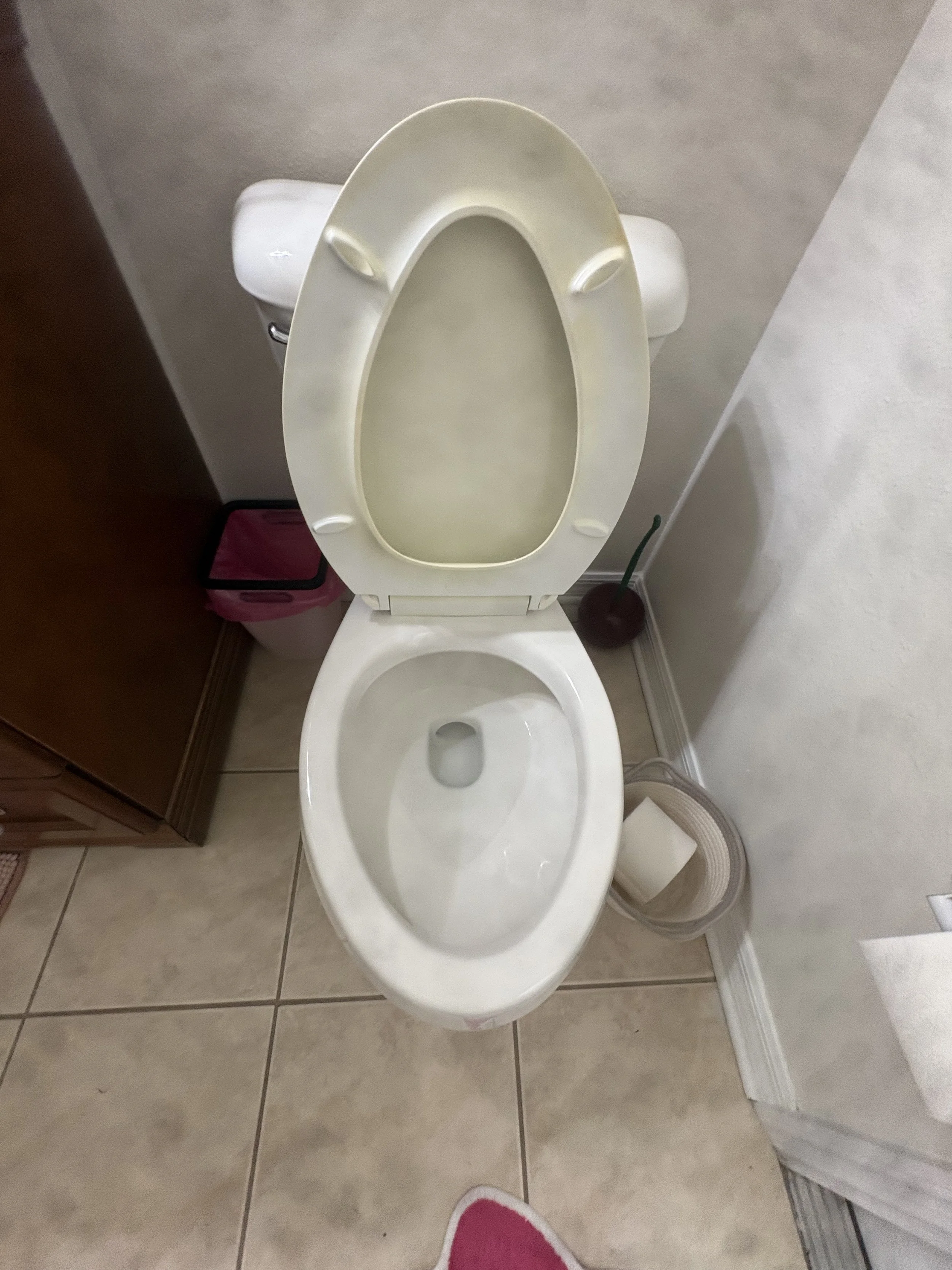 White toilet with the seat and lid raised in a tiled bathroom