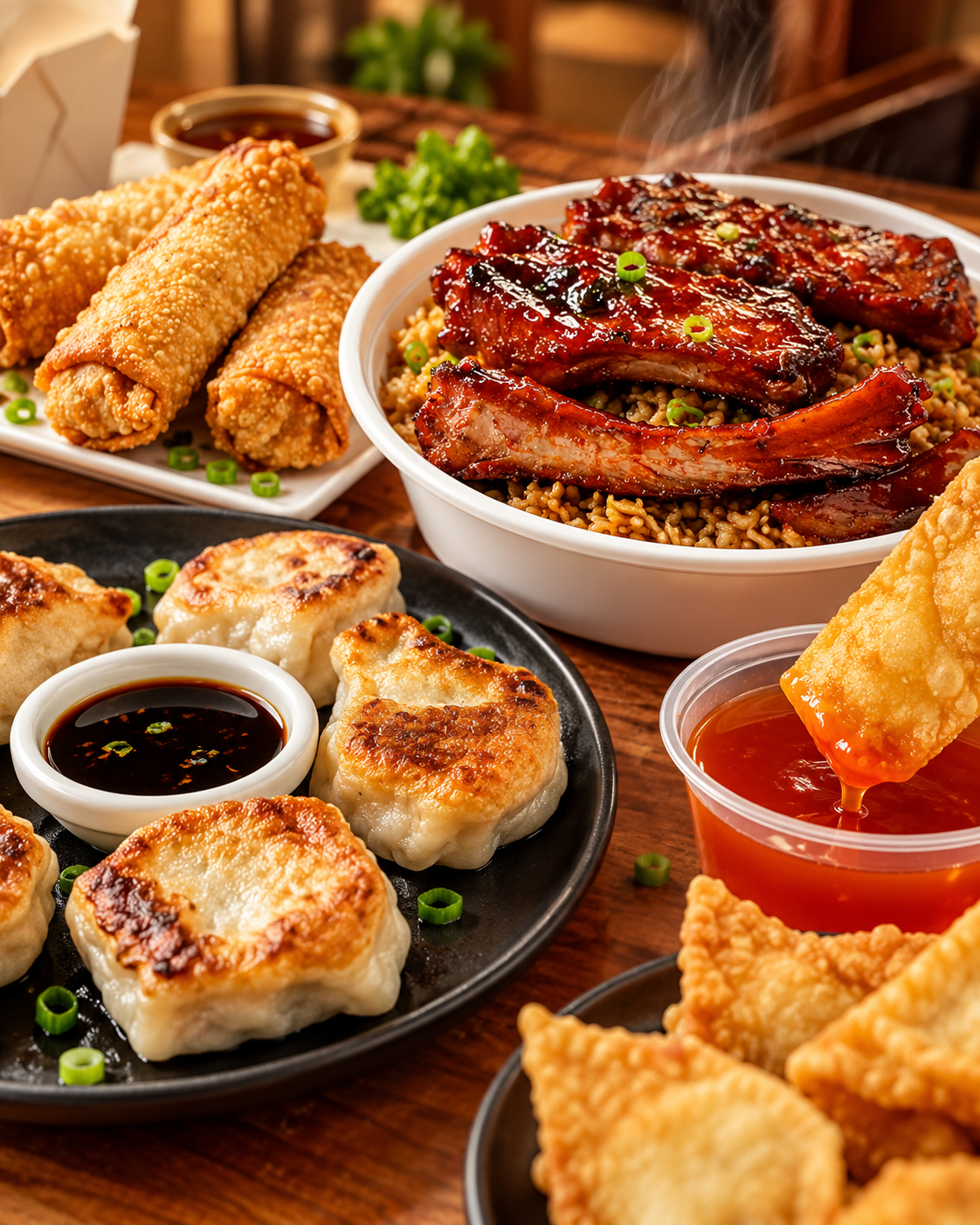 Assorted Chinese American dishes including egg drop soup with fried noodles and chopped green onions, sesame chicken, potstickers with dipping soy sauce, and egg rolls with sweet chili sauce.