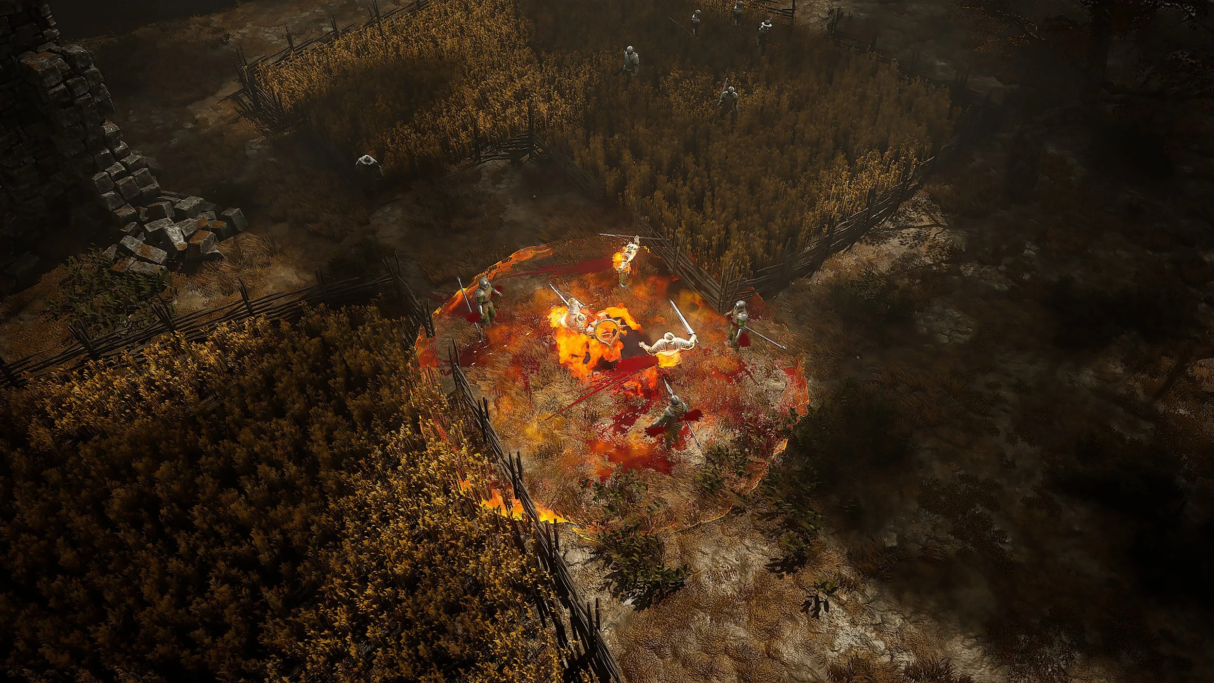 Isometric dark fantasy video game battle with armored warriors fighting amid flames and blood in a fenced field