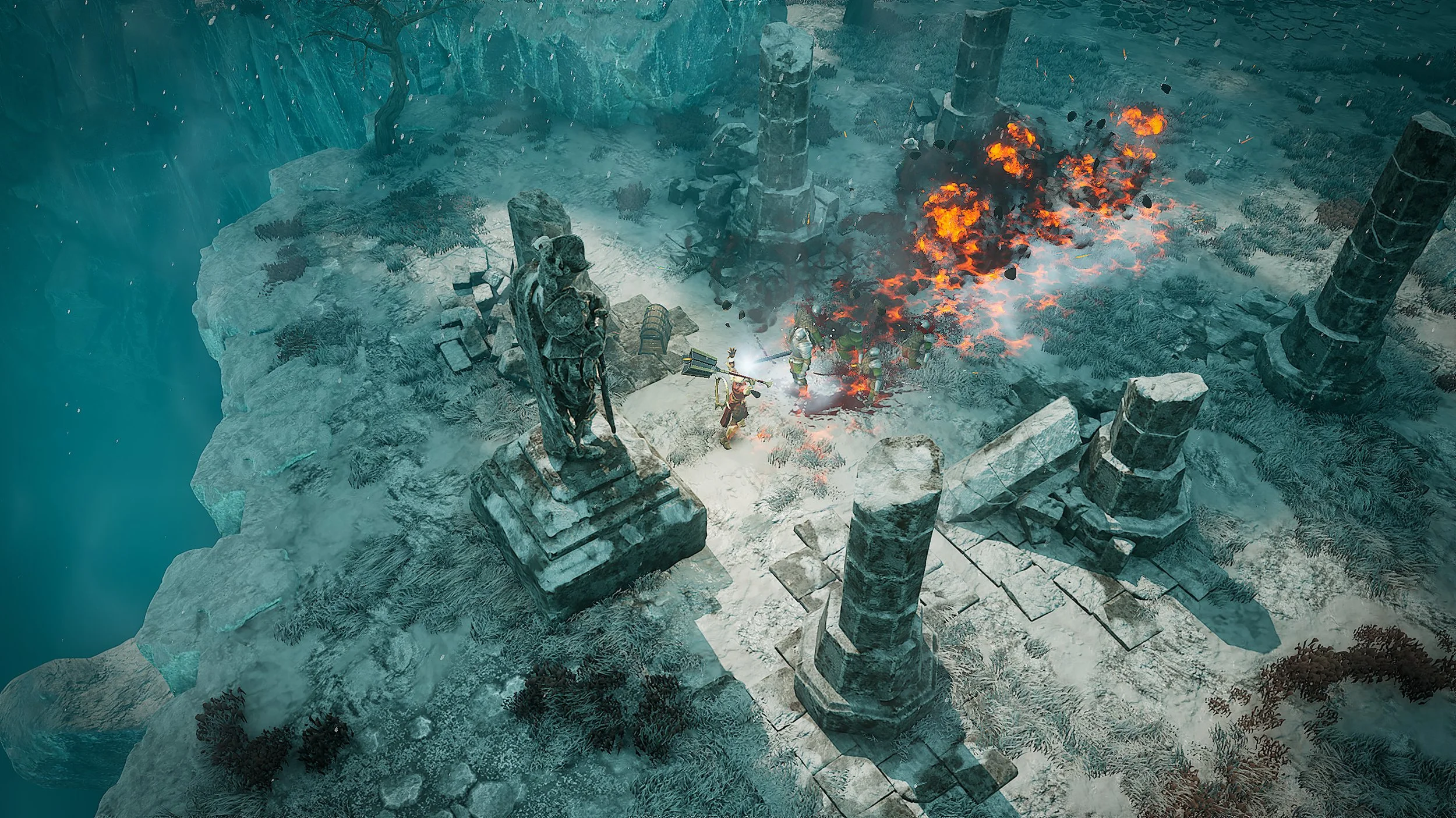 Fantasy video game battle on a snowy, ruined mountaintop with armored characters fighting amid flames and ancient stone pillars