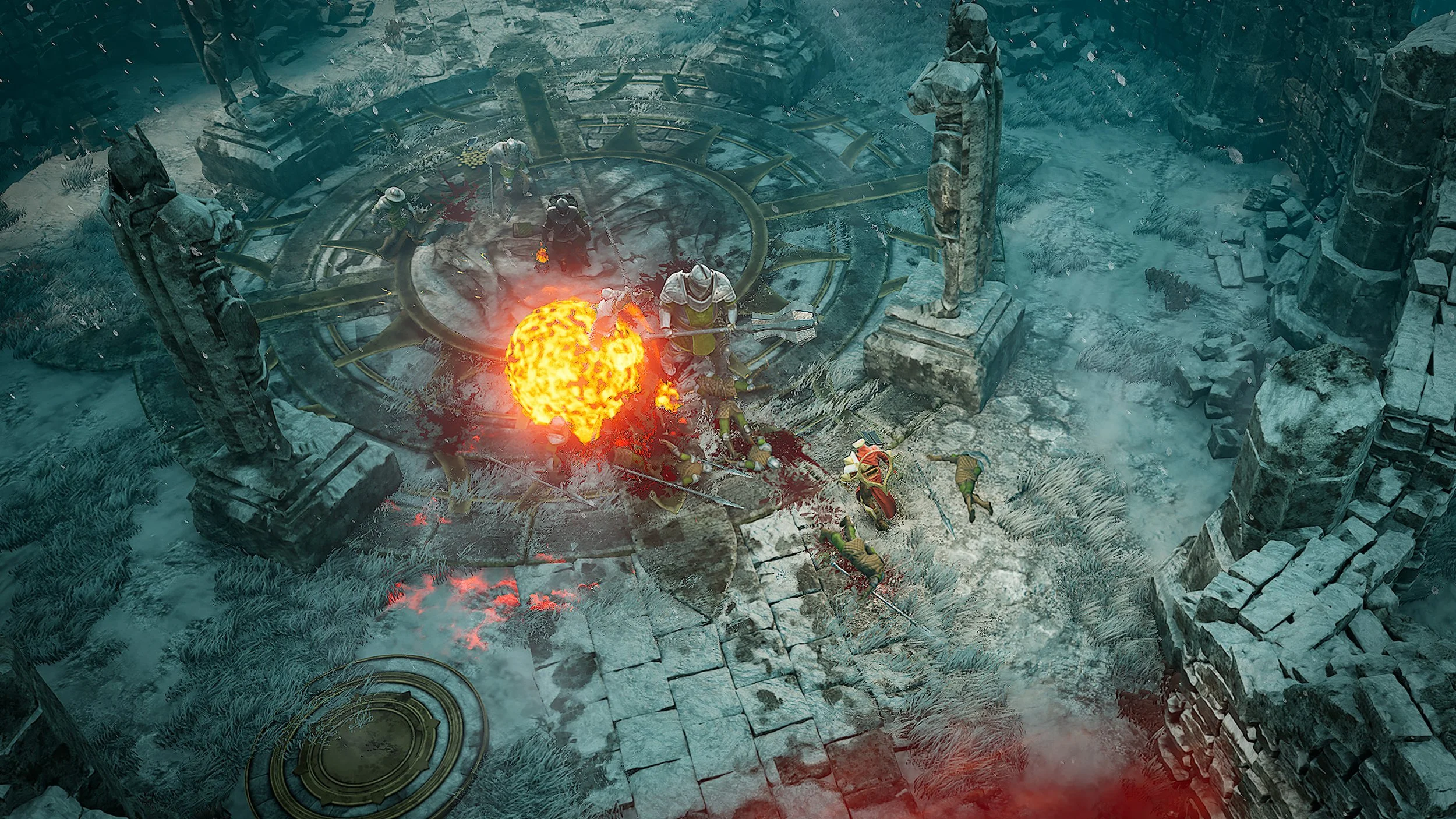Fantasy video game battle on an icy stone arena, with armored warriors, fallen enemies, blood, and a fiery magical explosion.
