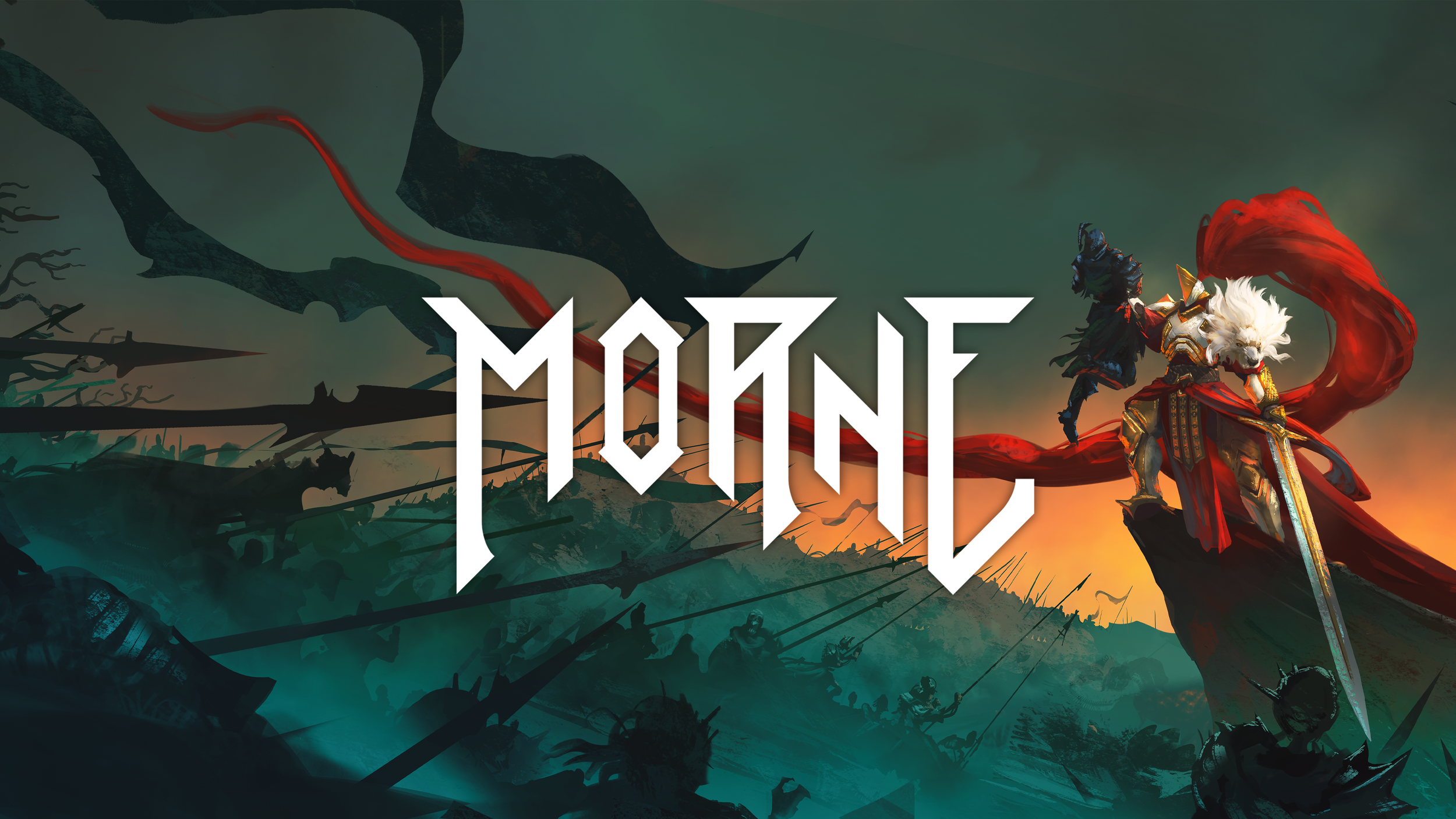 Morkite fantasy game artwork featuring a white-haired armored warrior, a dark-clad companion, red flowing banners, and a large white Morkite logo