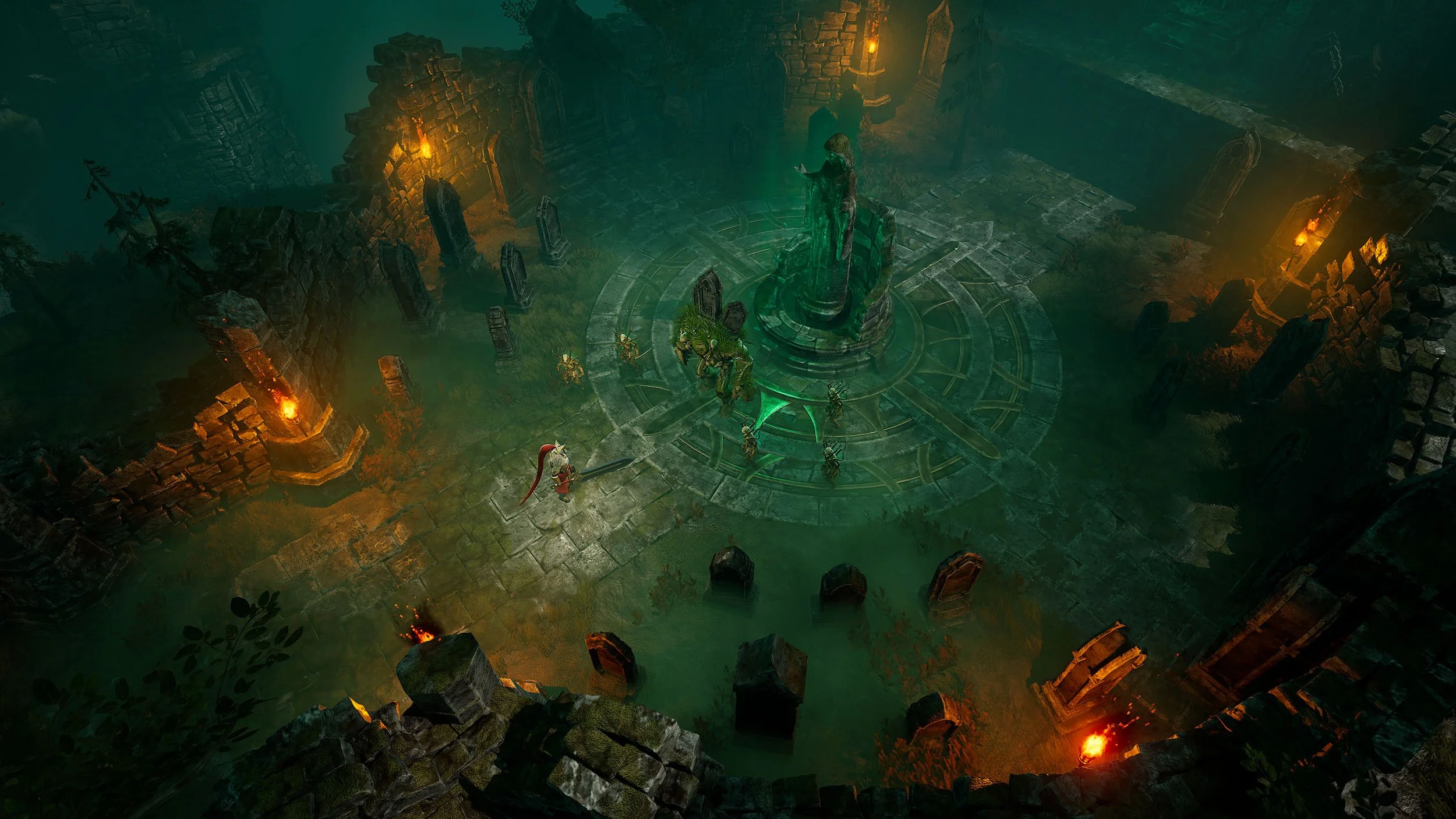 Dark fantasy game scene with armored characters gathered around a glowing statue in a torchlit, ruined stone crypt.