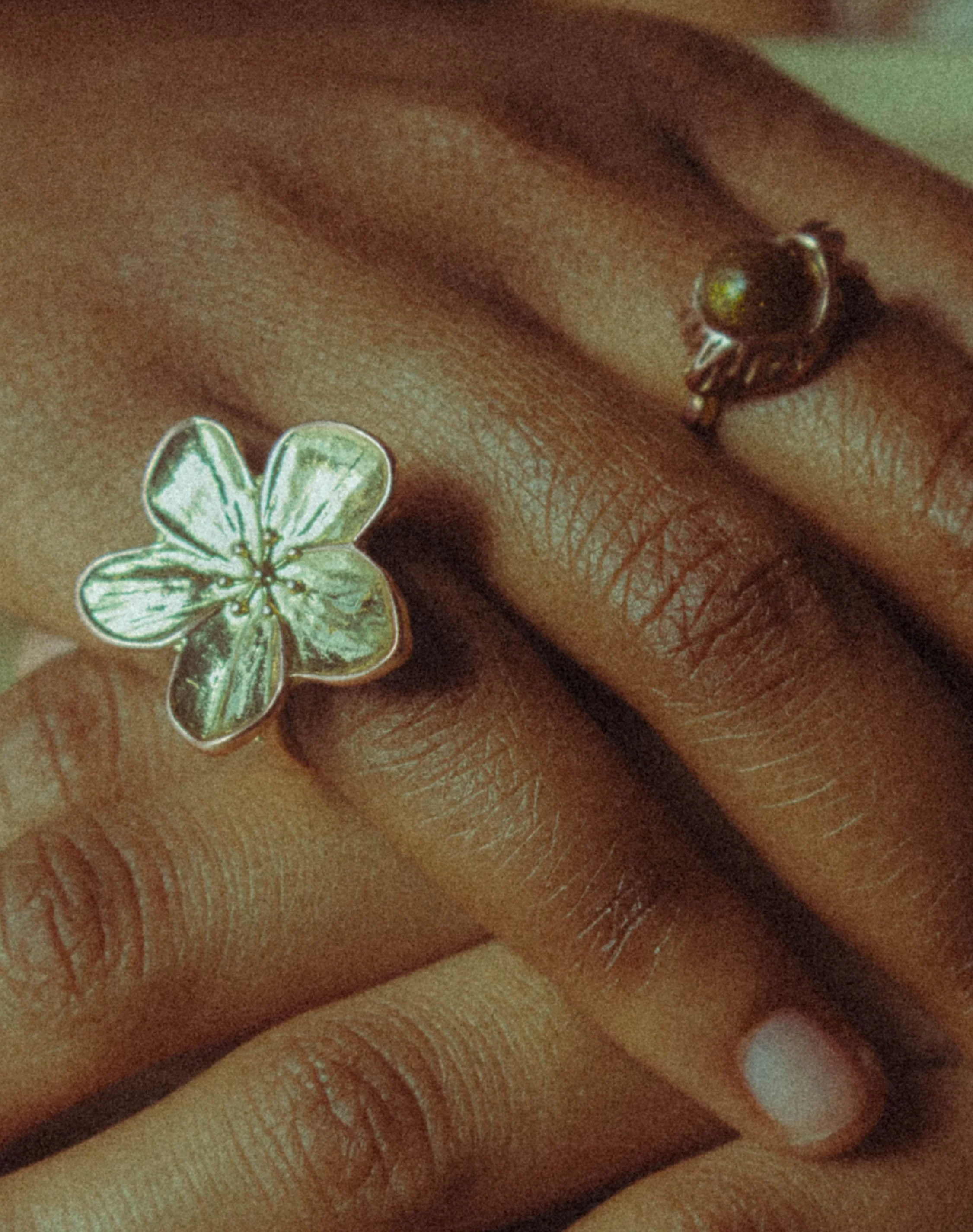 An editorial product photograph of a woman's hand with two rings on it taken by Kim Kambinda in Windhoek, Namibia.