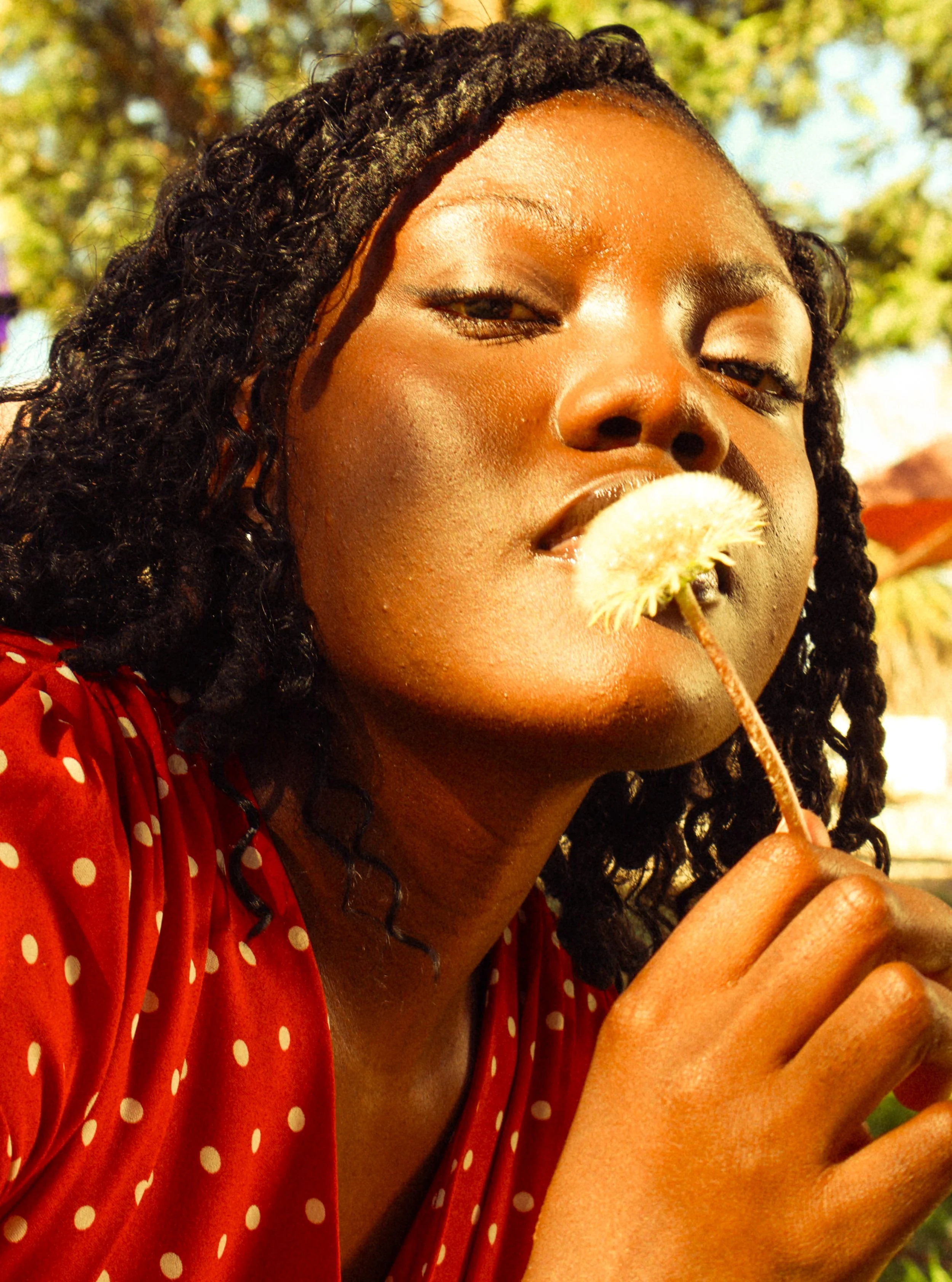 An editorial portrait photograph of Jane Simataa sniffing a flower while staring at the camera taken by Kim Kambinda in Windhoek, Namibia.