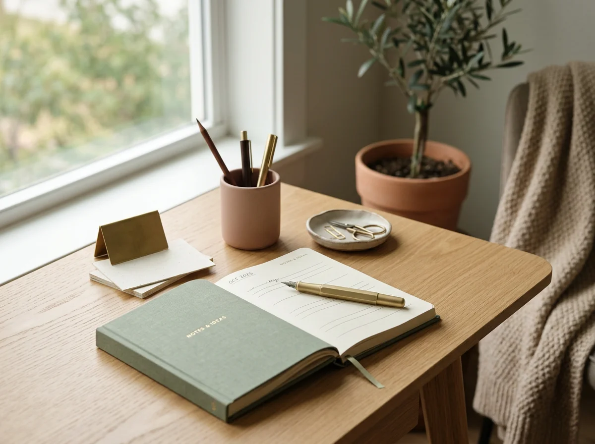 A desk with a notebook, open planner with gold pen, sticky notes, ready to tackle the clients needs.