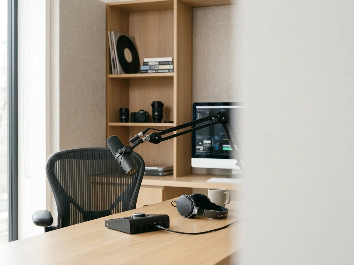 A podcast or recording setup inside an home or office, featuring a black microphone on a boom arm, headphones, a coffee mug, a computer screen with editing software, and a wooden bookshelf with vinyl records and camera lenses.